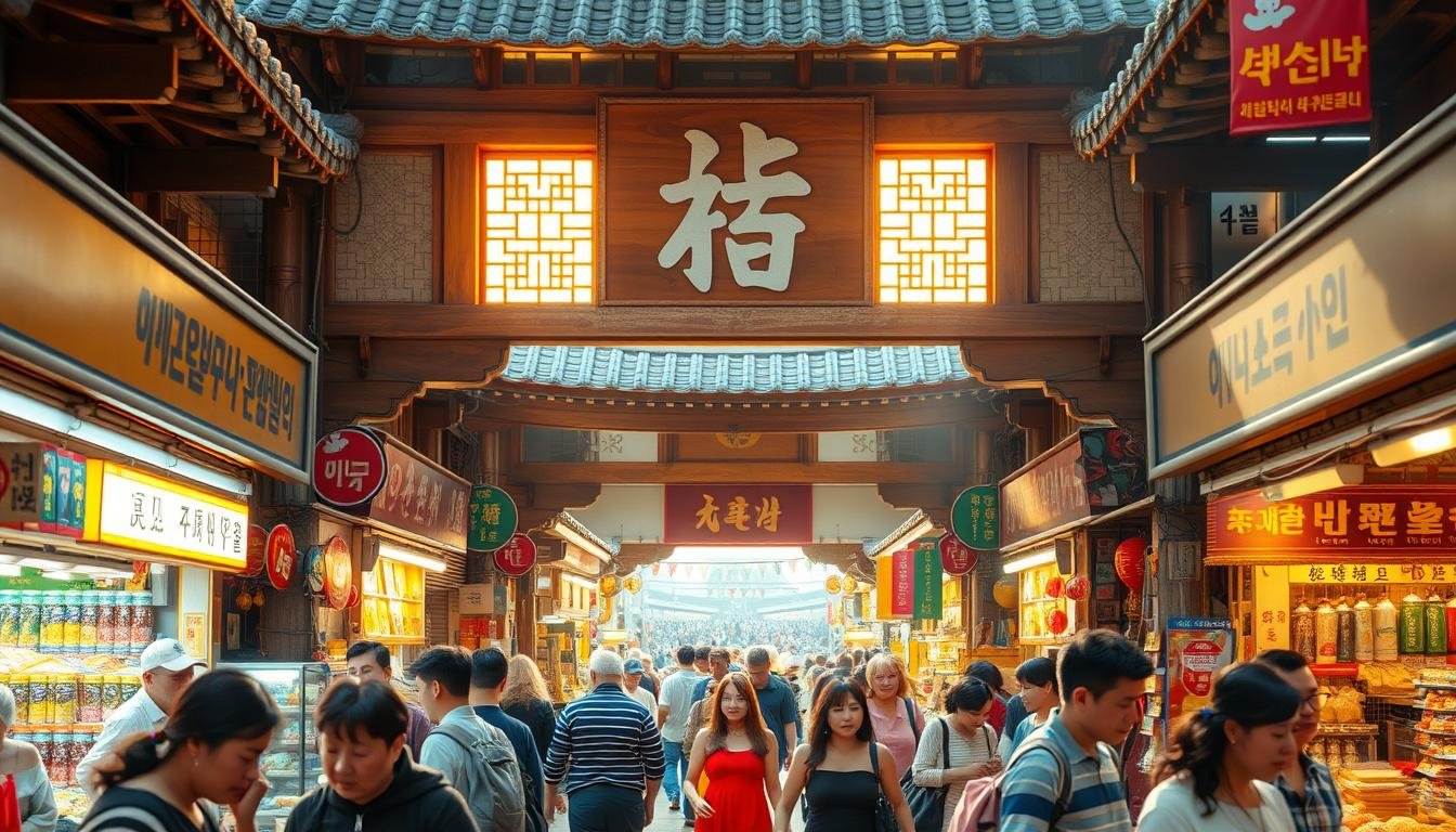 A vibrant, traditional Korean marketplace, bustling with activity. The central feature, a large, ornate archway with the Chinese character "站" carved into the wood, commands attention. Warm, natural lighting filters through the structure, casting a golden glow on the colorful array of merchandise below. In the foreground, vendors hawk their wares, their faces animated and expressive. In the middle ground, shoppers navigate the crowded stalls, their movements dynamic and purposeful. The background is hazy, with the distant sounds of bargaining and laughter creating an immersive ambiance. The overall scene conveys the energy and excitement of a thriving Korean shopping district.