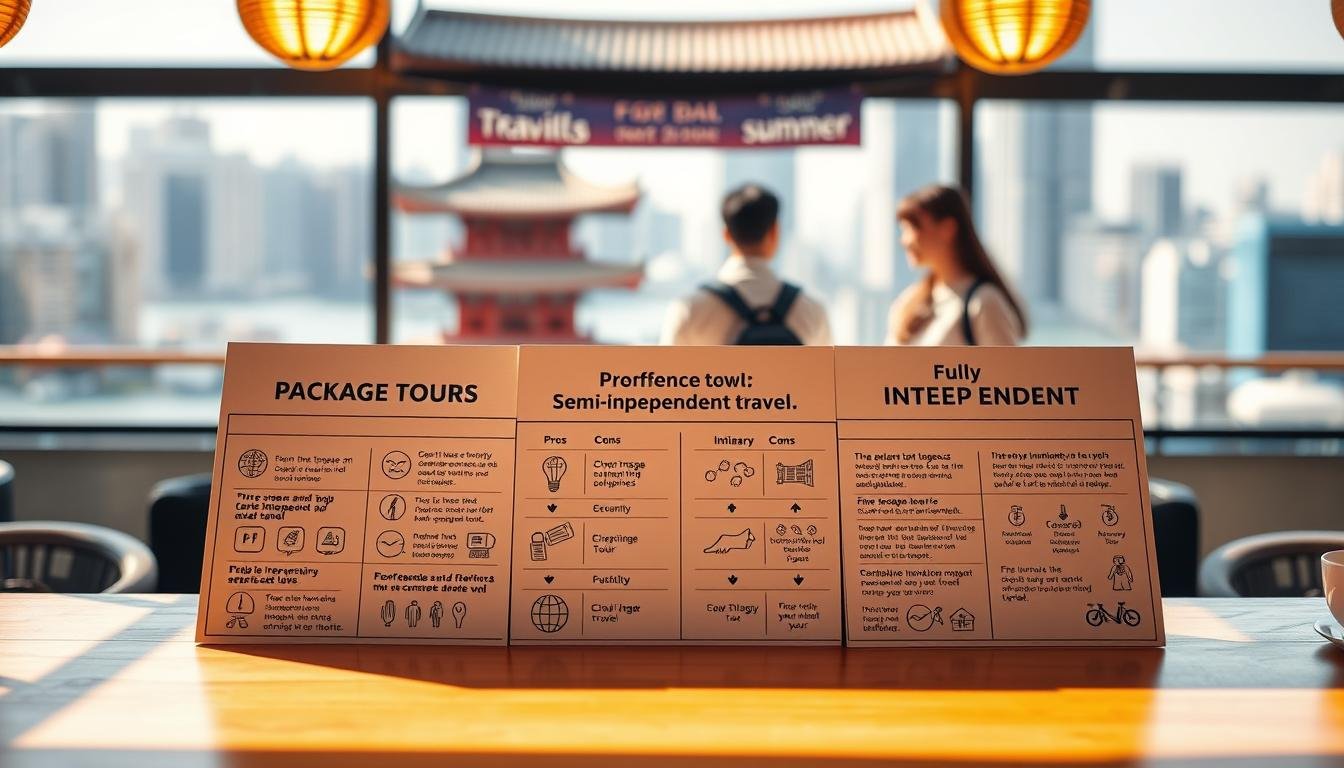 A vibrant travel comparison scene with a central table displaying the key differences between package tours, semi-independent travel, and fully independent travel. The table is illuminated by warm, natural lighting, creating a welcoming atmosphere. In the foreground, detailed icons and infographics convey the pros and cons of each travel style, while the middle ground showcases two travelers - one booking a package tour, the other planning their own itinerary. The background features a blurred cityscape, hinting at the diverse destinations accessible through these travel options. The overall composition conveys an informative, decision-making scenario to help the viewer navigate their ideal Korean summer vacation.