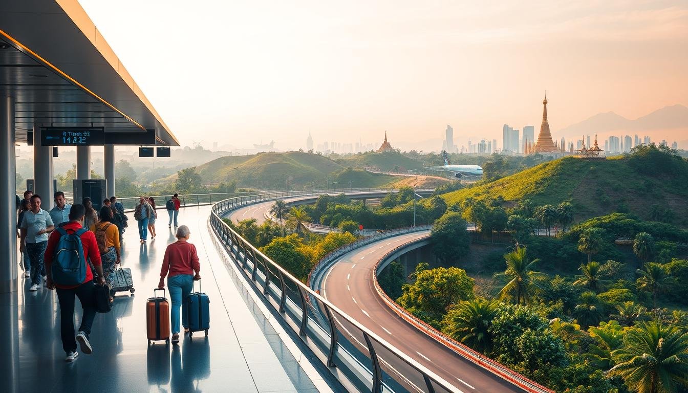 A vibrant travel scene depicting popular departure points and recommended routes for a Thailand journey. In the foreground, a bustling airport terminal with travelers navigating through security checkpoints and boarding gates, their luggage in tow. In the middle ground, a winding highway snakes through lush, verdant landscapes, dotted with tropical foliage and sun-dappled hills. In the background, a panoramic vista showcases iconic Thai landmarks such as golden temples and towering skyscrapers, set against a warm, hazy sky. The lighting is a harmonious blend of natural daylight and subtle ambient illumination, casting a welcoming glow over the entire scene. The composition is balanced and dynamic, inviting the viewer to explore the diverse departure options and captivating travel routes that await in Thailand.