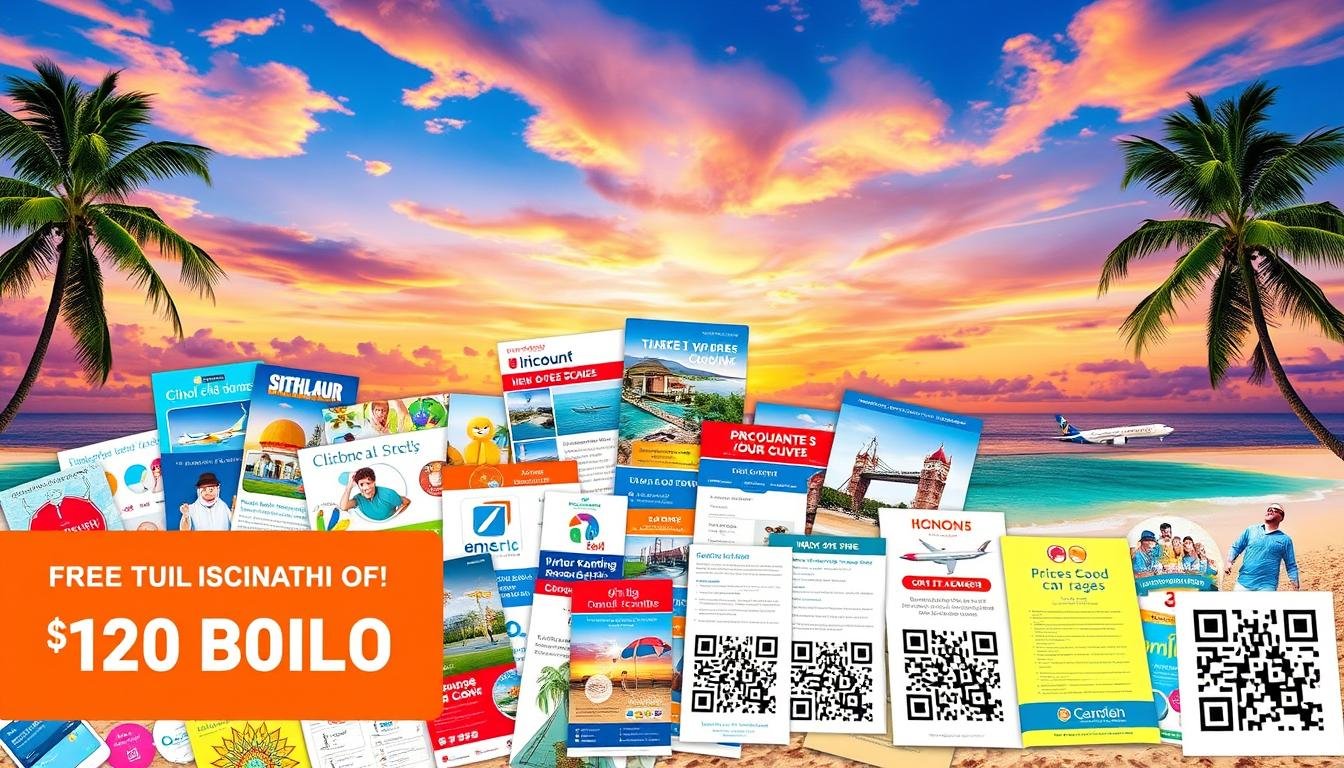 A vibrant travel-themed image showcasing a dynamic array of discounted tour packages, airline tickets, and hotel deals. The foreground features a collage of colorful icons and graphics representing various travel destinations, transportation methods, and accommodation options. The middle ground contains neatly arranged promotional materials, brochures, and QR codes inviting the viewer to explore the available discounts and offers. The background depicts a warm, tropical landscape with palm trees, beaches, and a vibrant sunset sky, creating a sense of wanderlust and the promise of an unforgettable vacation experience. The overall composition is visually striking, with a balanced use of colors, shapes, and negative space to guide the viewer's attention towards the key promotional elements.