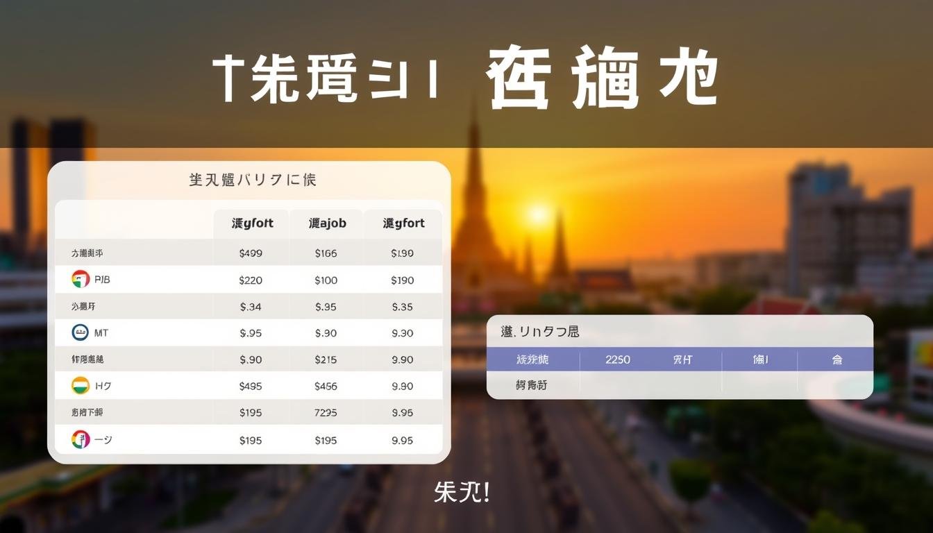 A vibrant, well-designed infographic showcasing a comparison of travel package prices. The foreground features a clean, minimalist layout with neatly organized price breakdowns and visual elements like icons, graphs, and tables. The middle ground depicts a scenic backdrop of Bangkok's iconic landmarks, such as the Grand Palace and Wat Arun, captured in a warm, golden-hour lighting. The background subtly hints at the bustling city life with blurred silhouettes of skyscrapers and traffic. The overall mood is informative yet visually appealing, striking a balance between functionality and aesthetic appeal to complement the "行程與價格詳解" section of the article.