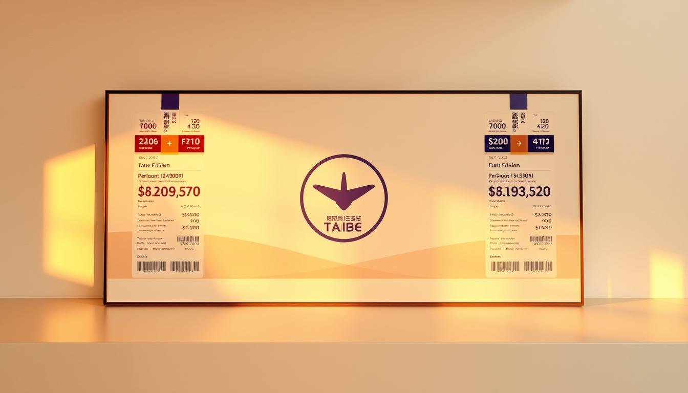 A vibrant yet sophisticated image showcasing the flight ticket prices for a Taipei to Busan route on a sleek, minimalist display. The foreground features a triptych of elegant ticket stubs in various price tiers, artfully arranged against a clean, neutral background. The middle ground reveals a stylized airline logo, conveying the high-quality, premium nature of the service. The background subtly suggests a sense of motion and travel, with faint silhouettes of an aircraft in the distance. Warm, directional lighting casts subtle shadows, adding depth and dimension to the composition. The overall mood is one of refinement, attention to detail, and the excitement of an impending journey.