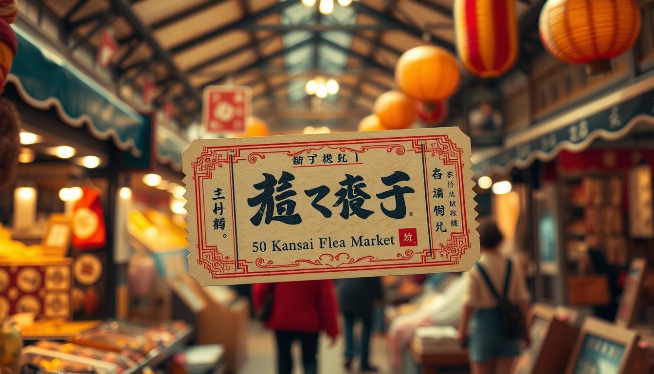 A vintage market ticket with an ornate, traditional Japanese design. The ticket is prominently displayed in the center, with detailed illustrations of market stalls, merchandise, and shoppers in the background. The lighting is warm and natural, creating a cozy, atmospheric feel. The angle is slightly tilted, adding a sense of dynamism and energy to the scene. The overall mood is one of vibrant, bustling activity, reflecting the lively nature of the Kansai Flea Market.
