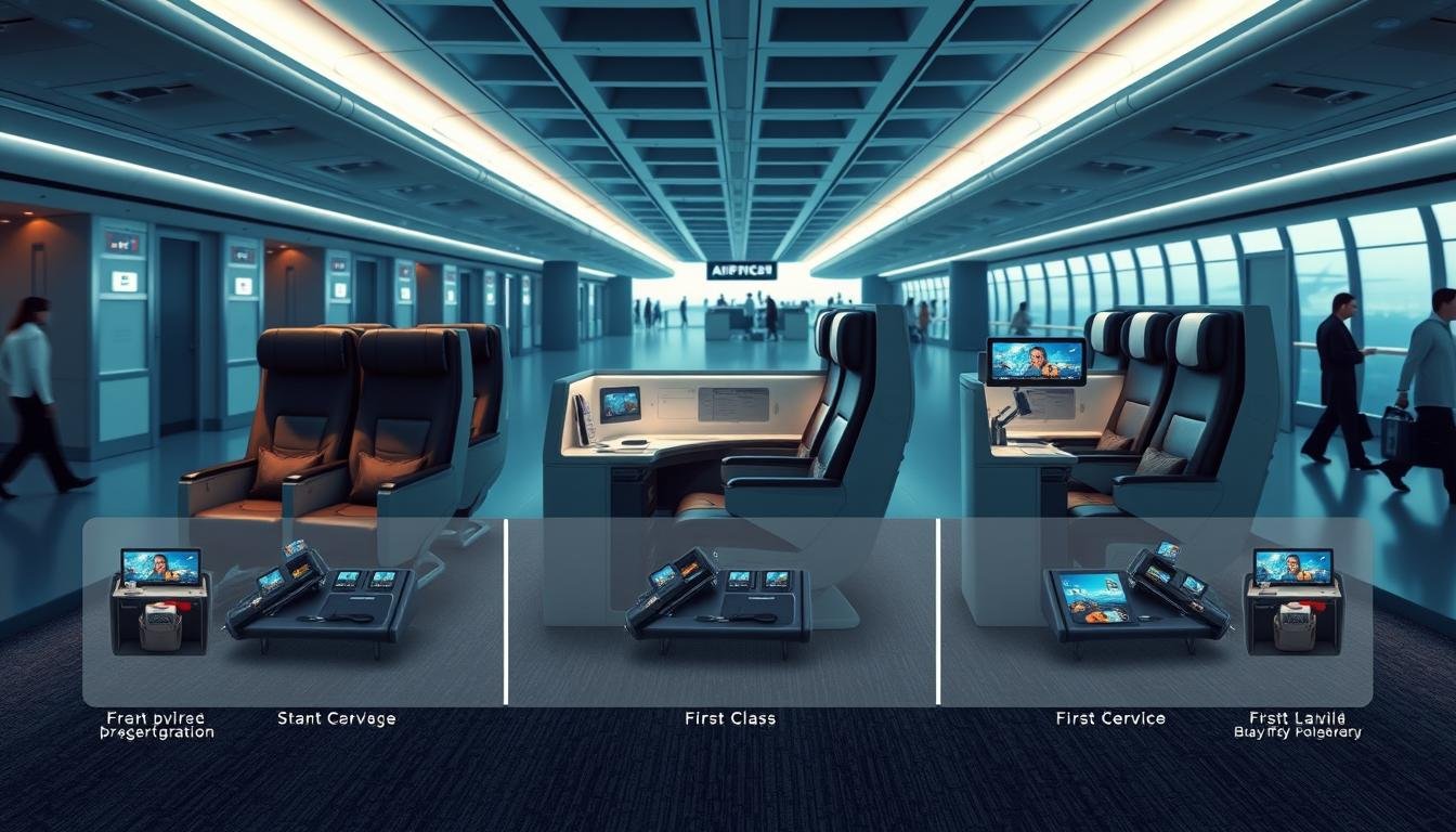 A visually striking comparison of airline cabin classes, showcasing the differences in amenities, comfort, and overall experience. Set against a backdrop of a sleek, modern airport terminal, the foreground features a dynamic composition of three distinct seat configurations - economy, business, and first class. Crisp lighting and a cool color palette evoke a sense of efficiency and sophistication. The middle ground highlights key service elements like meal presentation, entertainment systems, and personal space, allowing viewers to clearly discern the value proposition of each cabin class. The background subtly blends airport architecture, luggage, and the distant silhouettes of passengers, creating a cohesive narrative around the air travel experience.