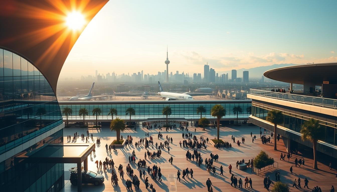 A visually striking landscape with a modern airport terminal in the foreground, its sleek architecture and glass facades bathed in warm, golden sunlight. In the middle ground, a bustling plaza teeming with people, their silhouettes hinting at the ebb and flow of travelers. In the background, a panoramic view of the city skyline, with skyscrapers and iconic landmarks softly fading into the distance. The scene evokes a sense of anticipation and possibility, capturing the essence of the "Ticket Prices, Timing, and Booking: When is the Best Time to Fly?" section of the article.