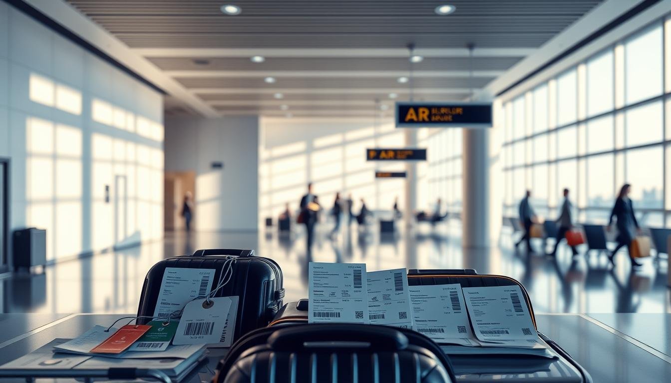 A visually striking scene depicting the key elements of "票價規則 行李 分票商品". In the foreground, a neatly arranged display showcases various travel items - luggage tags, boarding passes, and price tags. The middle ground features a minimalist airport interior with sleek architecture and soft, directional lighting casting dramatic shadows. In the background, a blurred silhouette of an airport lounge with passengers navigating the space. The overall mood is one of efficiency, organization, and the complexities of modern air travel, inviting the viewer to delve deeper into the nuances of ticket pricing, baggage policies, and add-on services.