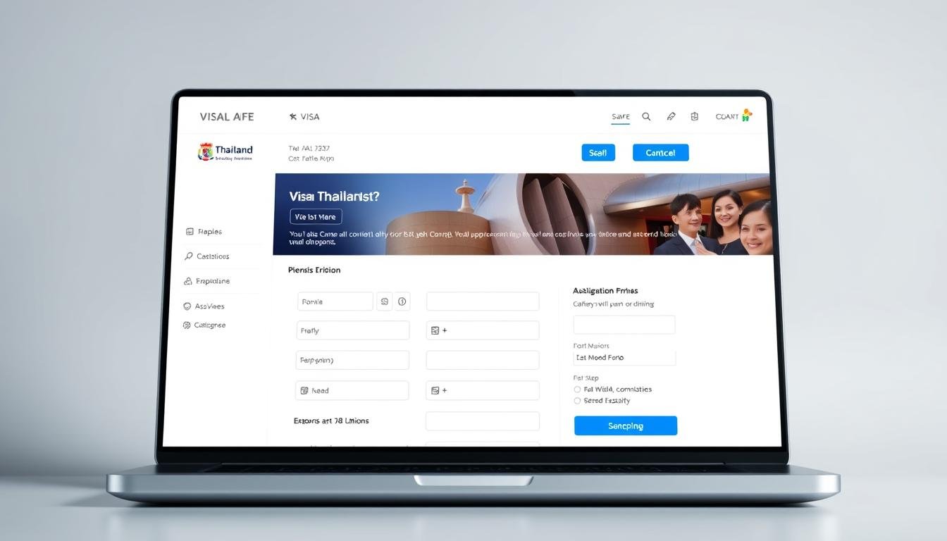 A well-designed, user-friendly web interface for Thailand visa application. The screen shows a clean, responsive layout with intuitive navigation, allowing users to smoothly progress through the visa process. The foreground features a prominent search bar, prominent call-to-action buttons, and clear sectioning for different application steps. The middle ground showcases an organized form layout with explanatory icons and tooltips. The background has a subtle gradient or pattern, creating a professional, trustworthy atmosphere. The lighting is soft and balanced, accentuating the interface's clarity and usability. The camera angle is frontal, showcasing the interface in its entirety for maximum visibility. A well-designed, user-friendly web interface for Thailand visa application. The screen shows a clean, responsive layout with intuitive navigation, allowing users to smoothly progress through the visa process. The foreground features a prominent search bar, prominent call-to-action buttons, and clear sectioning for different application steps. The middle ground showcases an organized form layout with explanatory icons and tooltips. The background has a subtle gradient or pattern, creating a professional, trustworthy atmosphere. The lighting is soft and balanced, accentuating the interface's clarity and usability. The camera angle is frontal, showcasing the interface in its entirety for maximum visibility.