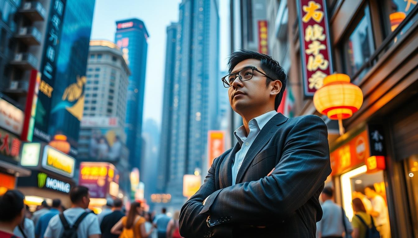 A well-dressed local guide standing in the bustling streets of Hong Kong, their attentive gaze scanning the crowd as they prepare to lead a private tour. The scene is illuminated by the warm glow of natural light, casting a welcoming ambiance. In the background, a blend of high-rise buildings, vibrant neon signs, and the iconic architecture of the city create a visually captivating tableau. The guide's posture exudes a sense of expertise and professionalism, ready to unveil the hidden gems and rich cultural heritage of Hong Kong to their discerning client.