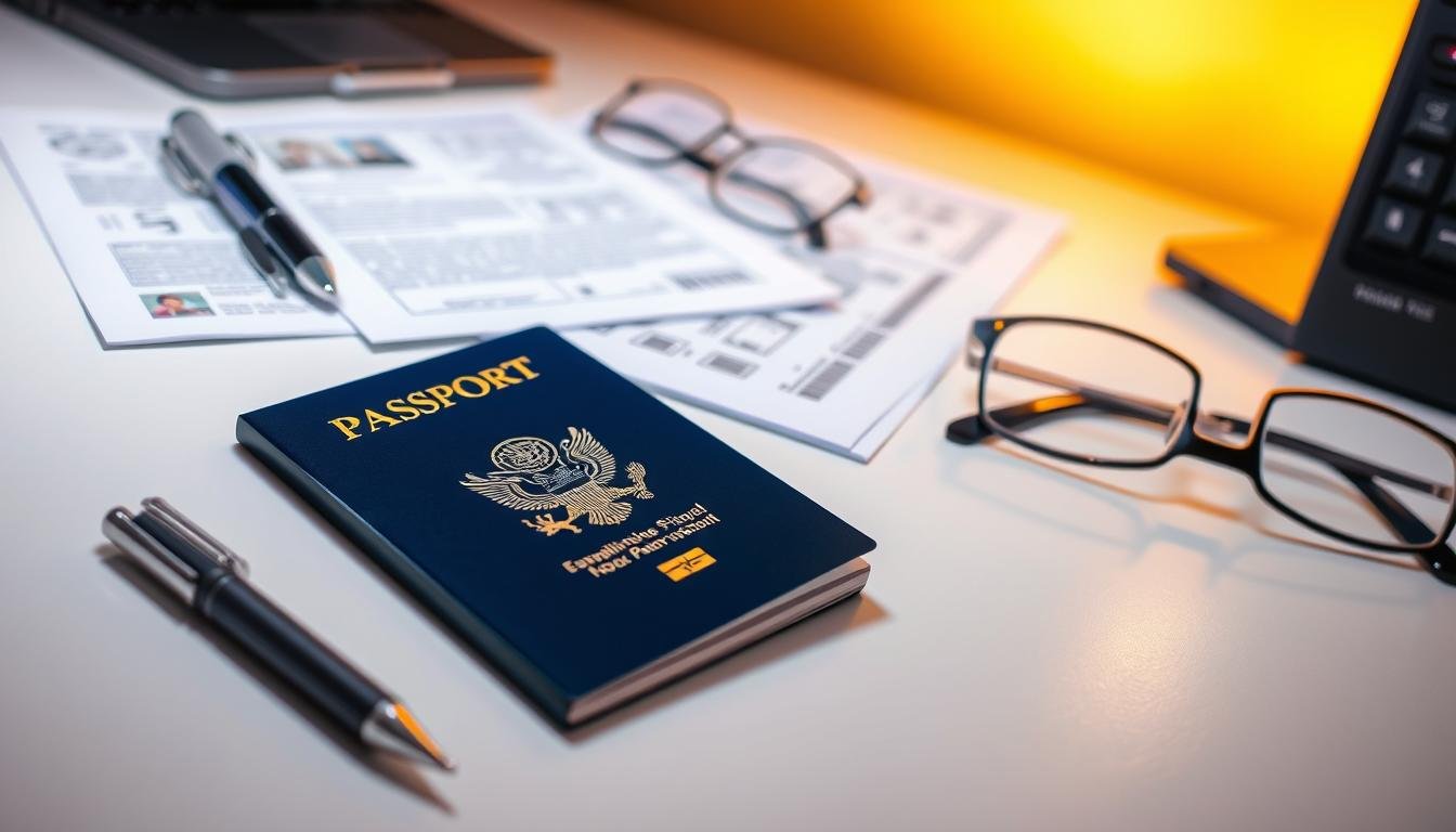 A well-lit and neatly organized desk, showcasing the essential items for preparing a passport application. In the foreground, a passport, a pen, and a pair of eyeglasses sit atop a crisp white surface. In the middle ground, a stack of documents, including application forms and ID copies, are arranged with precision. The background features a warm, inviting lighting that creates a sense of professionalism and attention to detail, reflecting the meticulous preparation required for a successful visa application. A well-lit and neatly organized desk, showcasing the essential items for preparing a passport application. In the foreground, a passport, a pen, and a pair of eyeglasses sit atop a crisp white surface. In the middle ground, a stack of documents, including application forms and ID copies, are arranged with precision. The background features a warm, inviting lighting that creates a sense of professionalism and attention to detail, reflecting the meticulous preparation required for a successful visa application.