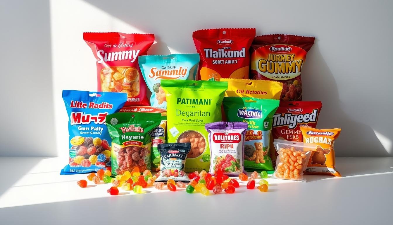 A well-lit and organized display of various travel snacks and treats, including vibrant packages of Thai gummy candies, German gummy bears, and other popular international confections. The scene is set against a clean, minimalist backdrop, allowing the colorful products to take center stage. Carefully arranged in an inviting manner, the items suggest a helpful "travel snack buying guide" for the discerning adventurer. Soft, diffused lighting casts a warm, enticing glow, highlighting the textures and details of the diverse snack selection. The overall composition conveys a sense of curation and expertise, guiding the viewer towards the best travel-friendly treats. A well-lit and organized display of various travel snacks and treats, including vibrant packages of Thai gummy candies, German gummy bears, and other popular international confections. The scene is set against a clean, minimalist backdrop, allowing the colorful products to take center stage. Carefully arranged in an inviting manner, the items suggest a helpful "travel snack buying guide" for the discerning adventurer. Soft, diffused lighting casts a warm, enticing glow, highlighting the textures and details of the diverse snack selection. The overall composition conveys a sense of curation and expertise, guiding the viewer towards the best travel-friendly treats.