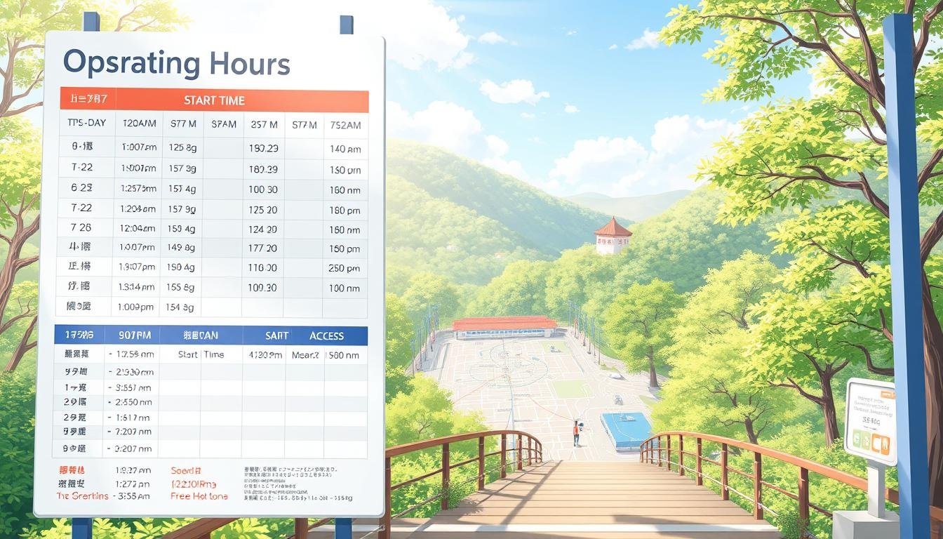 A well-lit, high-resolution illustration depicting the operating hours and transportation details for a family-friendly destination in South Korea. The foreground showcases a large, easy-to-read timetable with clear start and end times, along with various transportation options such as buses, trains, and shuttles. The middle ground features a detailed map highlighting the location and access routes, while the background depicts a serene, natural landscape with lush greenery and a bright, welcoming atmosphere. The overall composition conveys a sense of useful, practical information in an visually appealing and user-friendly manner.