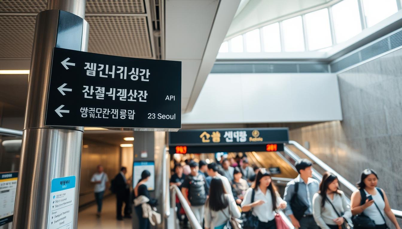 A well-lit, high-resolution image of a subway station exit in Seoul, South Korea. The foreground features a clear directional signage with Korean and English text, pointing the way to various attractions and landmarks. The middle ground shows a busy, bustling scene with people navigating the station, their expressions and body language conveying a sense of purpose and efficiency. The background depicts the station's architectural details, such as sleek, modern design elements and natural lighting filtering in from above. The overall atmosphere is one of urban vibrancy and accessibility, reflecting the convenience of public transportation in the city.