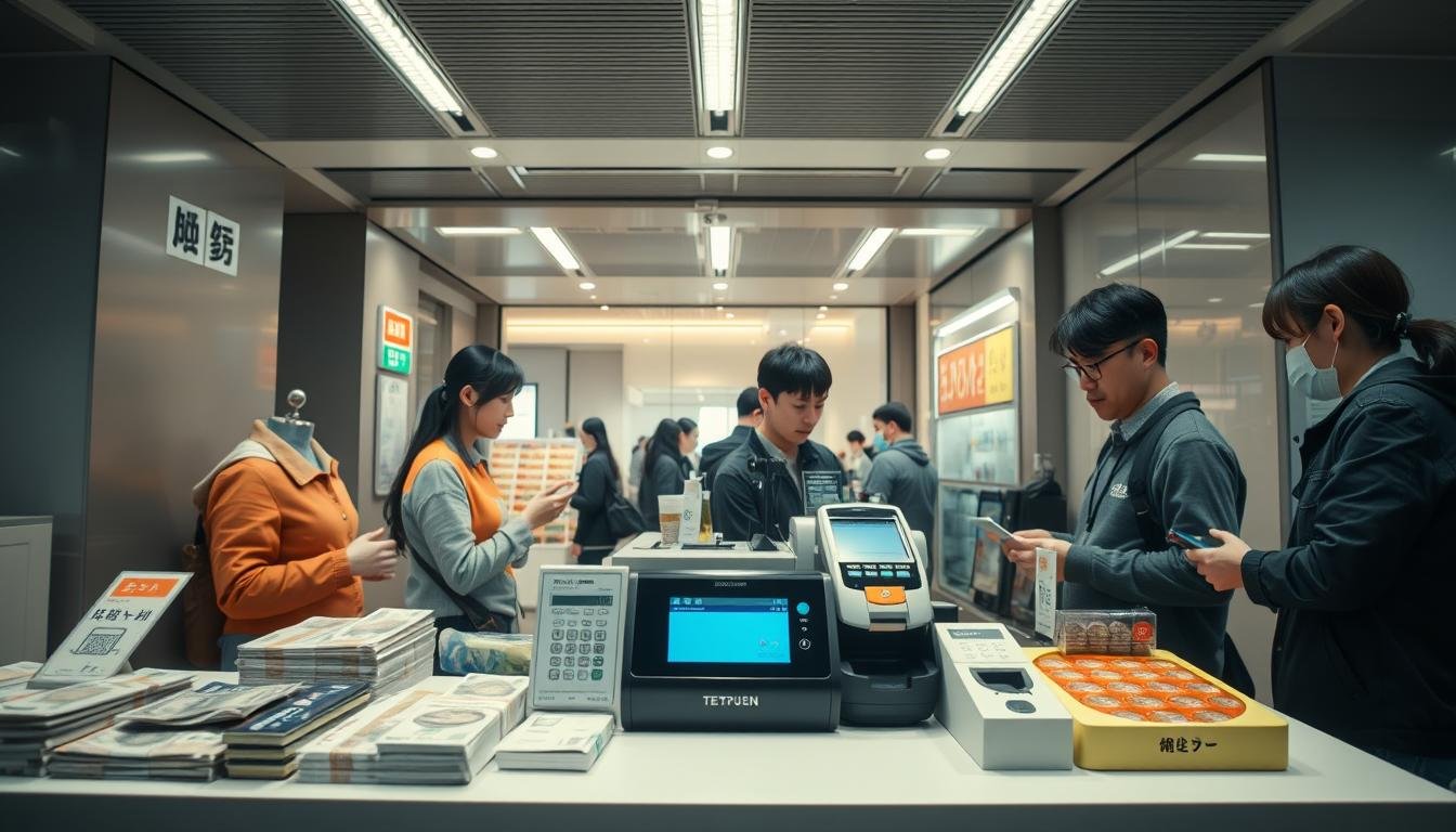 A well-lit indoor scene depicting a modern Japanese cash payment counter. In the foreground, a clean and organized counter with various payment options, including yen bills, coins, and electronic payment terminals. The middle ground showcases customers engaged in transactions, their expressions focused and intent. The background features sleek, minimalist design elements, such as signage and architectural details, creating a sense of efficiency and professionalism. The overall atmosphere conveys a seamless, technologically-advanced cash payment experience in a typical Japanese commercial setting.