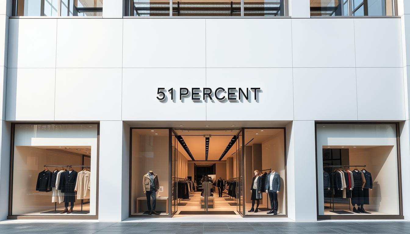 A well-lit, minimalist fashion storefront featuring the "51PERCENT" logo in a sleek, modern typeface. The store's exterior showcases clean lines, geometric shapes, and a neutral color palette of grays and whites, creating a sophisticated, high-end aesthetic. The entrance is framed by floor-to-ceiling windows, allowing natural light to flood the interior and highlighting the precision of the clothing displayed within. The overall atmosphere conveys a sense of elegant simplicity, reflecting the brand's focus on "精準剪裁設計" and its commitment to modern, refined style. A well-lit, minimalist fashion storefront featuring the "51PERCENT" logo in a sleek, modern typeface. The store's exterior showcases clean lines, geometric shapes, and a neutral color palette of grays and whites, creating a sophisticated, high-end aesthetic. The entrance is framed by floor-to-ceiling windows, allowing natural light to flood the interior and highlighting the precision of the clothing displayed within. The overall atmosphere conveys a sense of elegant simplicity, reflecting the brand's focus on "精準剪裁設計" and its commitment to modern, refined style.