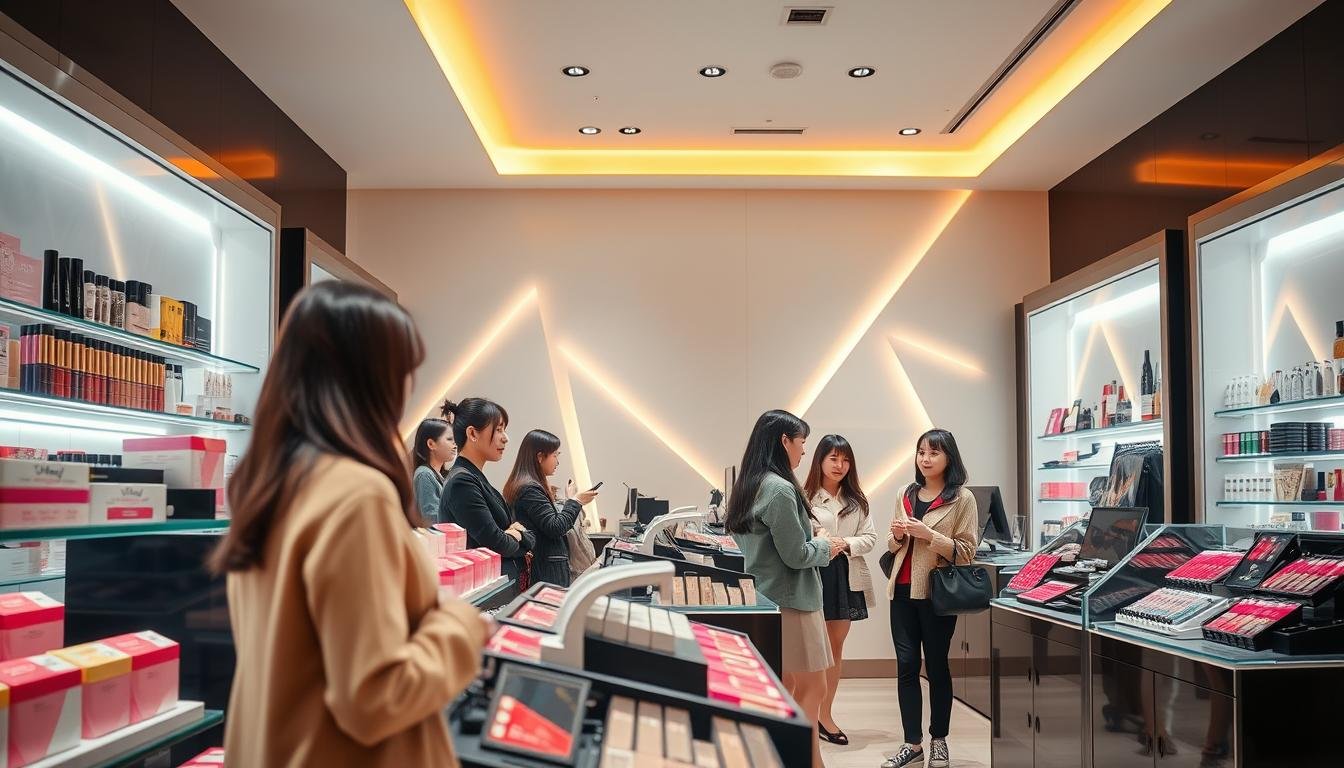 A well-lit, modern Korean cosmetics store with a sleek, fashionable interior. The foreground features a display of colorful makeup products, neatly arranged on glass shelves. In the middle ground, several young, stylishly dressed Korean women browse the selection, chatting with attentive sales associates. The background showcases a minimalist, geometric wall design with warm, ambient lighting that creates a welcoming, aspirational atmosphere. The overall scene conveys a sense of trendy sophistication and the latest in Korean beauty and fashion.