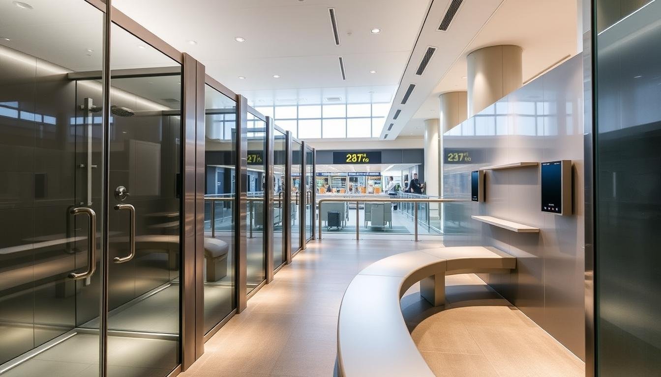 A well-lit, modern shower facility at Hong Kong International Airport. The foreground features sleek stainless steel stalls with transparent glass partitions, providing a sense of privacy and comfort. The middle ground showcases a long, curved bench for resting and drying off, with shelves for storing personal items. The background reveals the bright, airy atmosphere of the airport terminal, with high ceilings and abundant natural light filtering in through large windows. The overall scene conveys a sense of cleanliness, functionality, and a touch of luxury, catering to the needs of weary travelers seeking respite during long layovers.