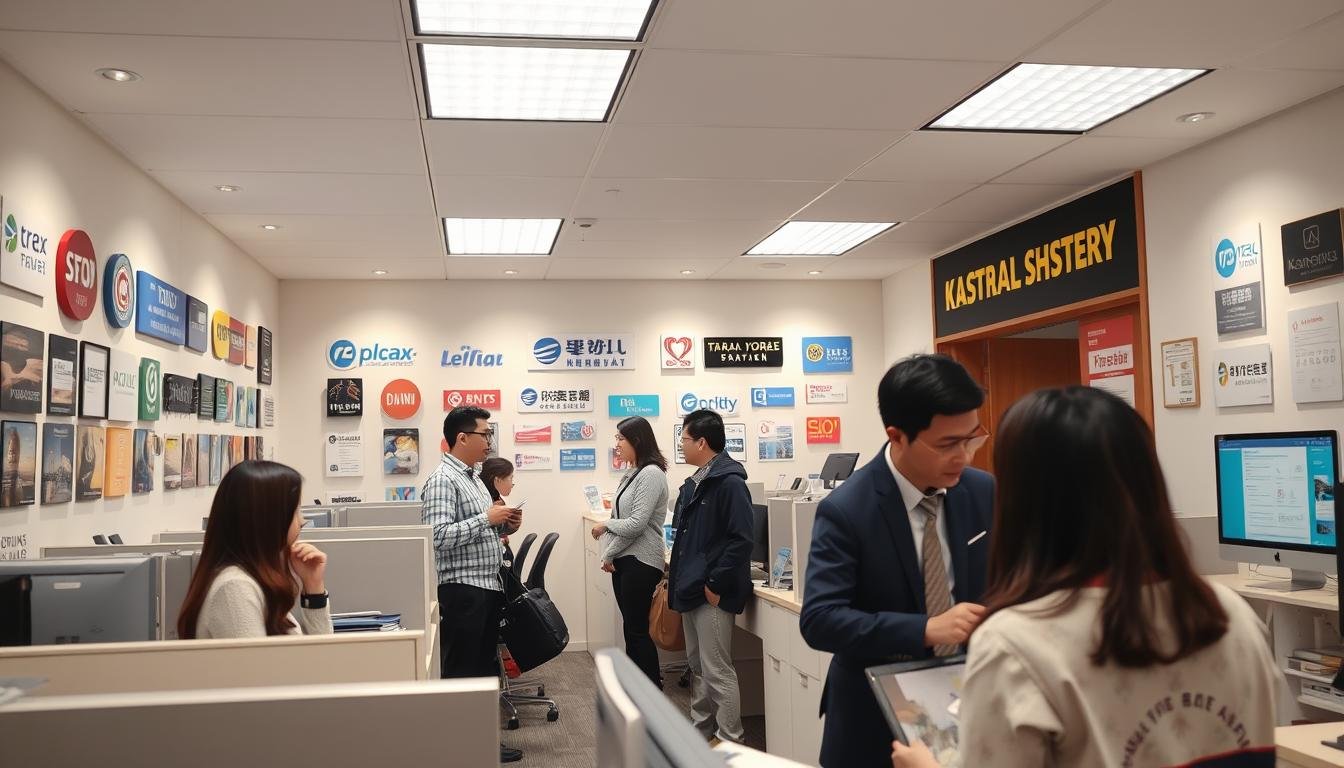 A well-lit office interior, with rows of desks and computers. On the walls, various travel agency logos and branding materials are displayed, showcasing their unique styles and reputations. In the foreground, a few customers are engaged in animated discussions with travel agents, comparing itineraries and packages. The atmosphere is professional yet warm, reflecting the expertise and customer service of the travel agencies. Soft, directional lighting creates depth and highlights the details of the space, while the overall composition conveys a sense of research and decision-making for the perfect Korean holiday package. A well-lit office interior, with rows of desks and computers. On the walls, various travel agency logos and branding materials are displayed, showcasing their unique styles and reputations. In the foreground, a few customers are engaged in animated discussions with travel agents, comparing itineraries and packages. The atmosphere is professional yet warm, reflecting the expertise and customer service of the travel agencies. Soft, directional lighting creates depth and highlights the details of the space, while the overall composition conveys a sense of research and decision-making for the perfect Korean holiday package.
