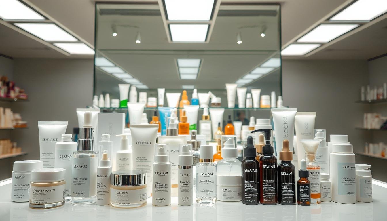 A well-lit, organized display showcasing an array of skincare products, each tailored to address specific skin concerns. The foreground features an assortment of moisturizers, serums, and cleansers, arranged in a visually appealing manner. The middle ground showcases a diverse range of products, with clear labeling and packaging that highlights their individual benefits. The background depicts a serene, minimalist environment, allowing the products to take center stage. The overall composition conveys a sense of curation and expertise, inviting the viewer to discover the perfect skincare solution for their unique skin type. A well-lit, organized display showcasing an array of skincare products, each tailored to address specific skin concerns. The foreground features an assortment of moisturizers, serums, and cleansers, arranged in a visually appealing manner. The middle ground showcases a diverse range of products, with clear labeling and packaging that highlights their individual benefits. The background depicts a serene, minimalist environment, allowing the products to take center stage. The overall composition conveys a sense of curation and expertise, inviting the viewer to discover the perfect skincare solution for their unique skin type.