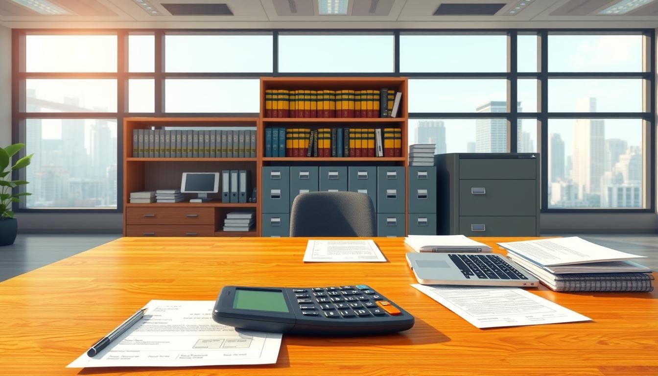A well-lit, photorealistic illustration of a tax and refund office interior. The foreground features a wooden desk with a laptop, calculator, and various forms and documents. The middle ground shows a bookshelf with tax law books and filing cabinets. The background depicts large windows overlooking a cityscape, with natural light streaming in. The overall scene conveys an atmosphere of efficiency, professionalism, and financial expertise, suitable for illustrating the "优惠、免稅與退稅實務" section. A well-lit, photorealistic illustration of a tax and refund office interior. The foreground features a wooden desk with a laptop, calculator, and various forms and documents. The middle ground shows a bookshelf with tax law books and filing cabinets. The background depicts large windows overlooking a cityscape, with natural light streaming in. The overall scene conveys an atmosphere of efficiency, professionalism, and financial expertise, suitable for illustrating the "优惠、免稅與退稅實務" section.