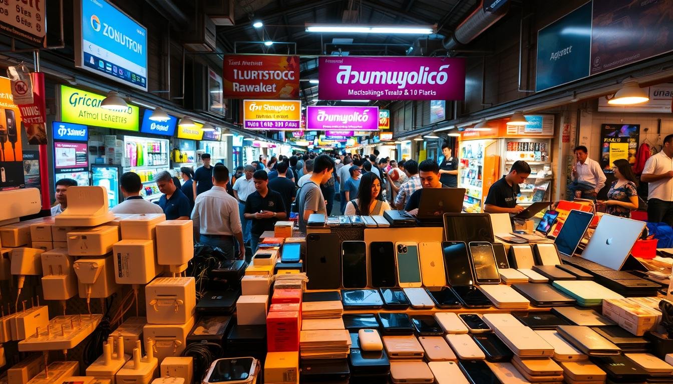 A well-lit scene of a bustling electronics market in Bangkok, Thailand. In the foreground, a display of various electronic products - adaptors, power strips, and travel chargers. The middle ground showcases a range of smartphones, laptops, and tablets arranged neatly. In the background, crowds of shoppers browse the stalls, with vibrant signage and banners overhead. The lighting is warm and natural, casting a welcoming glow over the scene. The composition is balanced, highlighting the diverse selection of electronics available for purchase. The atmosphere conveys a sense of energy and opportunity, inviting the viewer to explore the local market for their travel tech needs. A well-lit scene of a bustling electronics market in Bangkok, Thailand. In the foreground, a display of various electronic products - adaptors, power strips, and travel chargers. The middle ground showcases a range of smartphones, laptops, and tablets arranged neatly. In the background, crowds of shoppers browse the stalls, with vibrant signage and banners overhead. The lighting is warm and natural, casting a welcoming glow over the scene. The composition is balanced, highlighting the diverse selection of electronics available for purchase. The atmosphere conveys a sense of energy and opportunity, inviting the viewer to explore the local market for their travel tech needs.