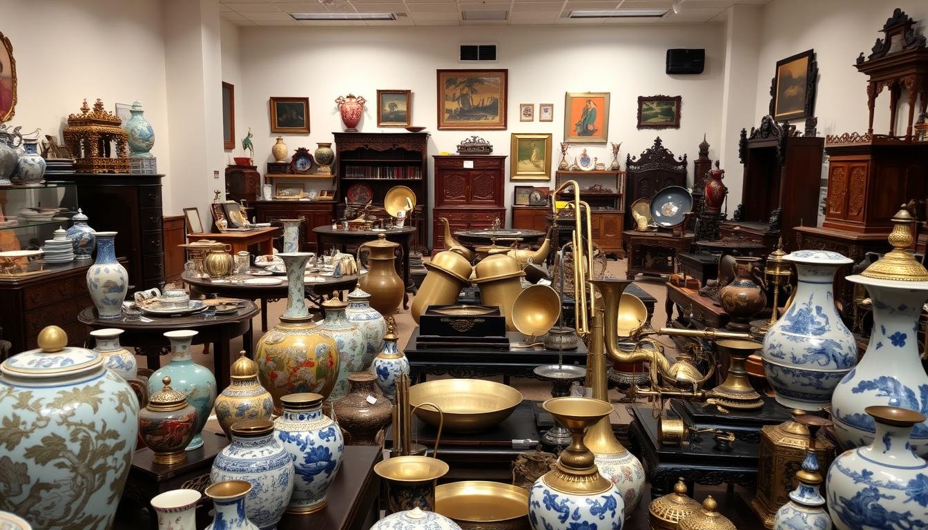 A well-lit showroom showcases an array of meticulously curated vintage treasures. In the foreground, a display of intricate antique porcelain vases and delicate Japanese ceramics. In the middle ground, an assortment of gleaming brass and copper instruments, their patina reflecting the soft lighting. Towards the back, a collection of intricately carved wooden furniture pieces and ornate lacquerware, each item a testament to the skilled craftsmanship of the past. The atmosphere is one of reverence, inviting visitors to explore and appreciate the timeless beauty of these captivating relics from Japan's storied history. A well-lit showroom showcases an array of meticulously curated vintage treasures. In the foreground, a display of intricate antique porcelain vases and delicate Japanese ceramics. In the middle ground, an assortment of gleaming brass and copper instruments, their patina reflecting the soft lighting. Towards the back, a collection of intricately carved wooden furniture pieces and ornate lacquerware, each item a testament to the skilled craftsmanship of the past. The atmosphere is one of reverence, inviting visitors to explore and appreciate the timeless beauty of these captivating relics from Japan's storied history.