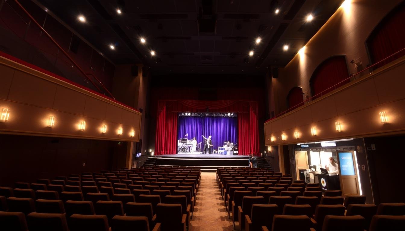 A well-lit theater interior with a stage in the foreground, dimly lit aisles leading to plush seating in the middle ground, and a high-ceilinged lobby with a ticketing booth in the background. Soft, warm lighting creates a cozy, inviting atmosphere. The stage is adorned with elaborate sets and props, hinting at the dynamic performance to come. The seating area features a variety of chair styles and configurations, suggesting different ticket options and viewing experiences. The ticketing booth is staffed by attentive attendants, ready to guide patrons through the purchasing process. An air of anticipation and excitement permeates the scene, enticing the viewer to immerse themselves in the performance ahead.