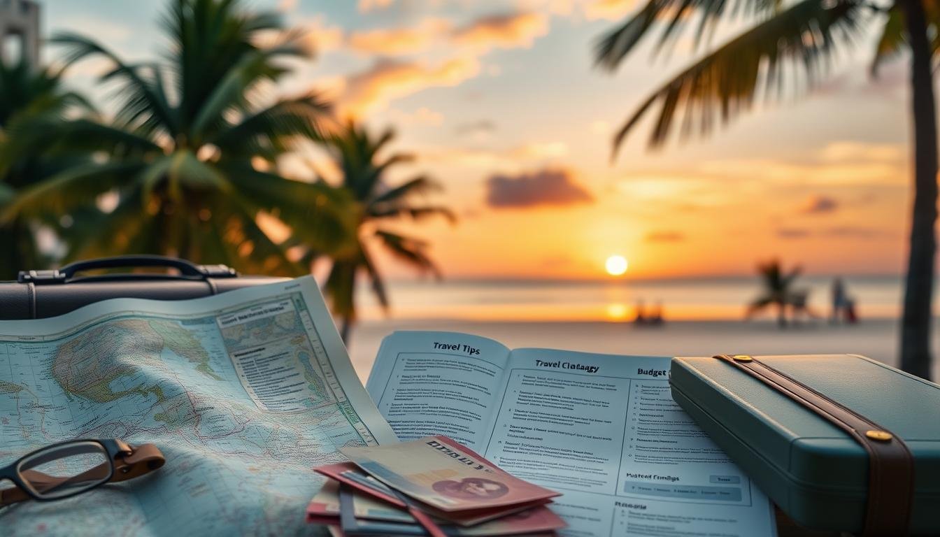 A well-organized travel guide layout with detailed travel information and budget planning elements. The foreground showcases a travel map, luggage, and currency notes, while the middle ground features carefully curated travel tips and cost-saving strategies. The background depicts a serene tropical landscape with palm trees and a sunset sky, creating a calming and aspirational atmosphere. The lighting is soft and warm, with a focus on natural tones and textures to convey a sense of authenticity. The overall composition is visually appealing and effectively communicates the key themes of practical travel guidance and budget-conscious planning. A well-organized travel guide layout with detailed travel information and budget planning elements. The foreground showcases a travel map, luggage, and currency notes, while the middle ground features carefully curated travel tips and cost-saving strategies. The background depicts a serene tropical landscape with palm trees and a sunset sky, creating a calming and aspirational atmosphere. The lighting is soft and warm, with a focus on natural tones and textures to convey a sense of authenticity. The overall composition is visually appealing and effectively communicates the key themes of practical travel guidance and budget-conscious planning.