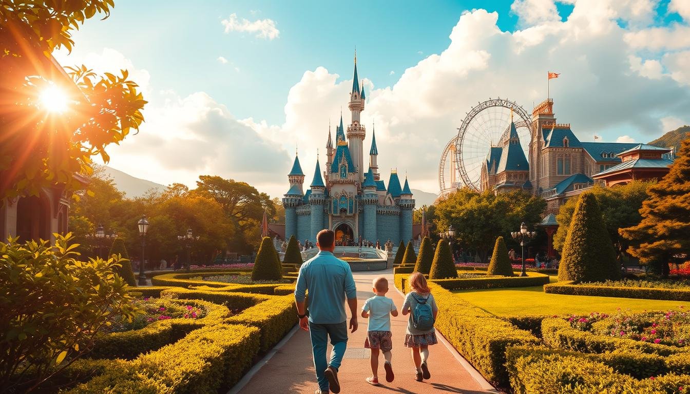 A whimsical, dreamlike scene of the Hong Kong Disneyland resort. In the foreground, a family of four strolls along a lush, manicured garden path, marveling at the fantastical castle in the distance. Warm golden light filters through lush foliage, casting a magical glow. The middle ground features the iconic Sleeping Beauty Castle, its spires and turrets reaching towards a blue, cloud-dotted sky. In the background, the shimmering silhouettes of towering roller coasters and themed lands hint at the adventures and enchantment that await. The overall atmosphere is one of wonder, excitement, and cherished family memories. A whimsical, dreamlike scene of the Hong Kong Disneyland resort. In the foreground, a family of four strolls along a lush, manicured garden path, marveling at the fantastical castle in the distance. Warm golden light filters through lush foliage, casting a magical glow. The middle ground features the iconic Sleeping Beauty Castle, its spires and turrets reaching towards a blue, cloud-dotted sky. In the background, the shimmering silhouettes of towering roller coasters and themed lands hint at the adventures and enchantment that await. The overall atmosphere is one of wonder, excitement, and cherished family memories.