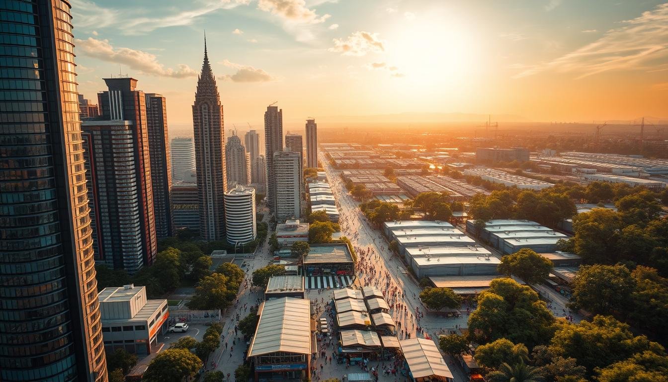 An aerial view of a bustling city skyline, with modern high-rise buildings and lush green spaces. In the foreground, a glittering financial district with glass-fronted towers, bustling with activity. In the middle ground, a vibrant marketplace, with stalls and vendors exchanging goods and ideas. In the background, a sprawling industrial zone, with factories and warehouses, symbolizing the economic cooperation and investment between Thailand and Taiwan. The scene is bathed in warm, golden light, conveying a sense of prosperity and progress. The overall atmosphere is one of dynamic growth and international collaboration.