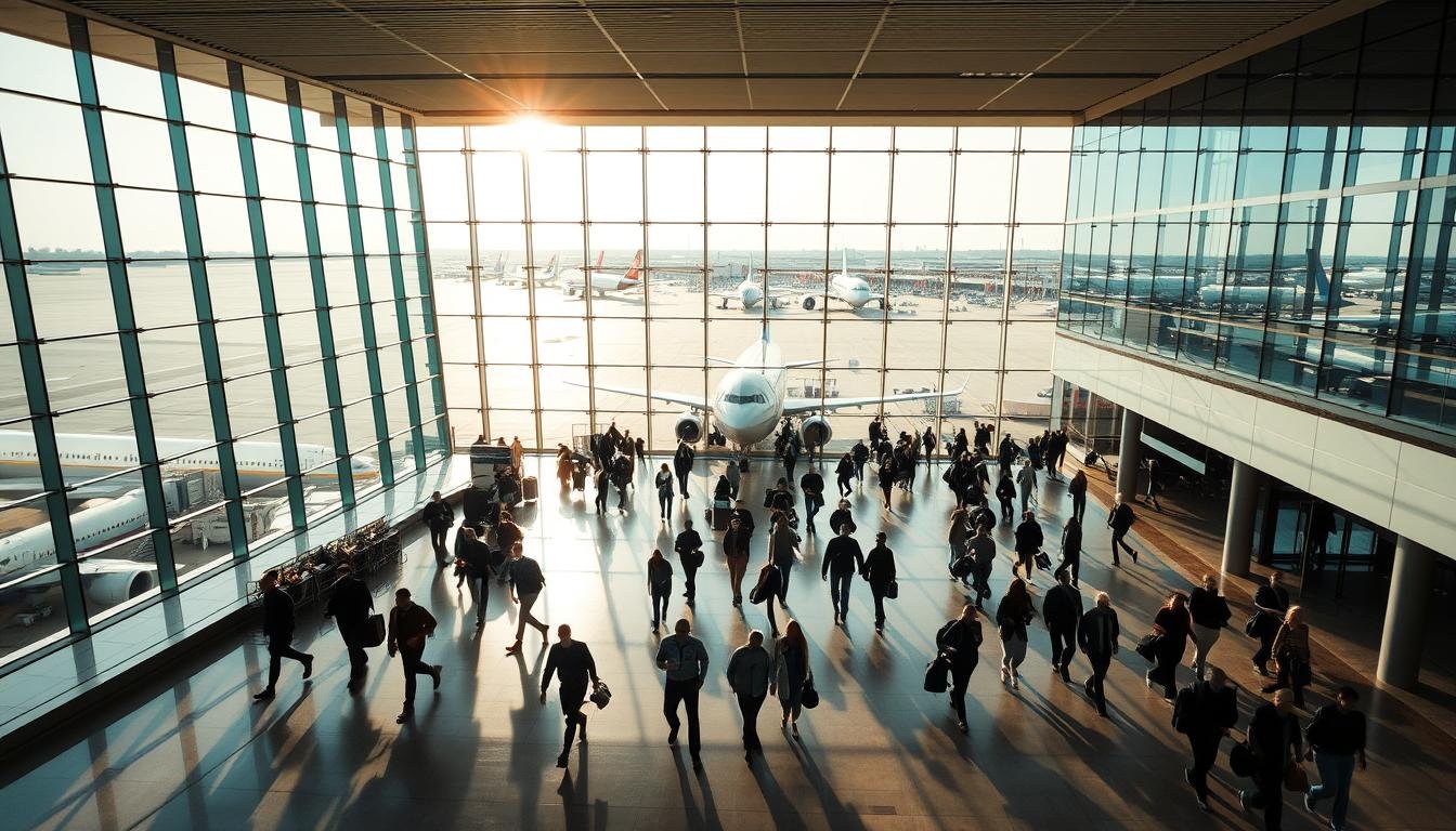 An aerial view of a bustling international airport terminal, with sleek, modern architecture featuring expansive glass walls and high ceilings that flood the space with warm, natural lighting. Travelers scurry through the concourse, their silhouettes casting long shadows across the polished floors. In the background, rows of commercial airliners sit on the tarmac, their wings gleaming under the sun's rays. The scene exudes a sense of energy and movement, capturing the essence of global air travel and the excitement of embarking on a journey to a distant destination.