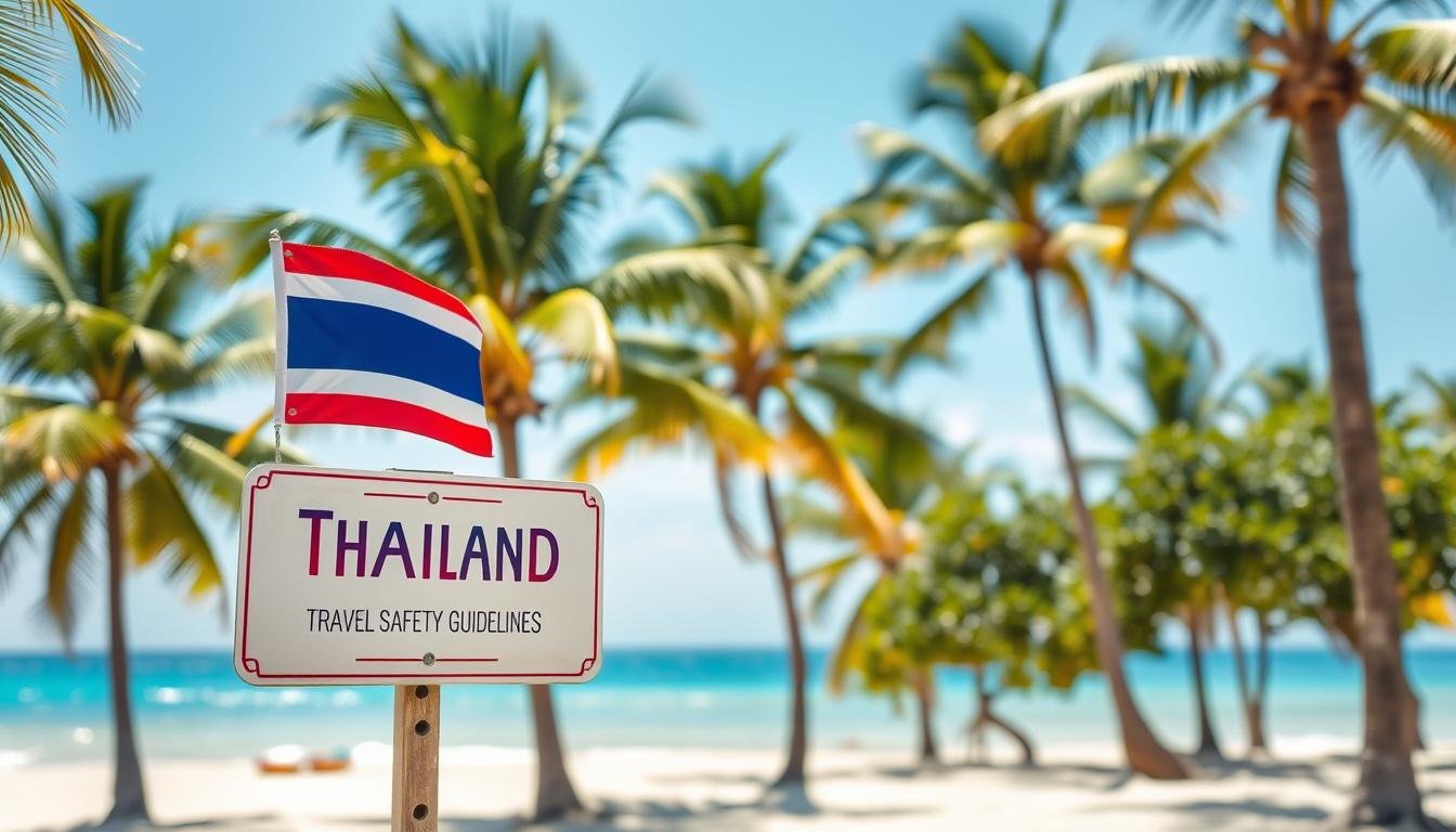 An airy, sunlit scene of a Thai beach, with a soft, tropical atmosphere. In the foreground, a picturesque sign featuring the Thai national flag and the text "Thailand Travel Safety Guidelines" in Thai and English. The sign is positioned against a backdrop of swaying palm trees, with the cerulean blue ocean visible in the distance. The overall composition conveys a sense of tranquility and safety, inviting the viewer to explore Thailand's natural beauty while being mindful of important safety considerations.