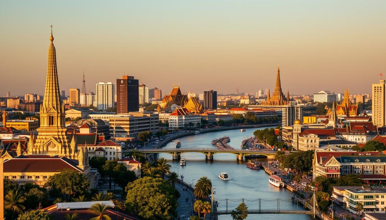 An elegant cityscape of Bangkok's most popular sights, bathed in warm golden light. In the foreground, the glittering spires of Wat Arun temple rise majestically against a clear sky. In the middle ground, the iconic Chao Phraya River winds through the bustling urban landscape, lined with traditional long-tail boats and modern high-rises. In the distance, the grand Palace complex and the serene Wat Pho temple can be seen, surrounded by lush tropical foliage. The scene conveys the vibrant energy and rich cultural heritage of Thailand's capital, inviting the viewer to embark on an immersive day-long exploration. An elegant cityscape of Bangkok's most popular sights, bathed in warm golden light. In the foreground, the glittering spires of Wat Arun temple rise majestically against a clear sky. In the middle ground, the iconic Chao Phraya River winds through the bustling urban landscape, lined with traditional long-tail boats and modern high-rises. In the distance, the grand Palace complex and the serene Wat Pho temple can be seen, surrounded by lush tropical foliage. The scene conveys the vibrant energy and rich cultural heritage of Thailand's capital, inviting the viewer to embark on an immersive day-long exploration.