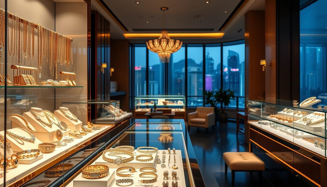 An elegant display of Hong Kong's finest jewelry, showcasing a captivating array of gleaming precious metals and dazzling gemstones. The foreground features a well-lit, high-end jewelry showcase, with meticulously crafted necklaces, bracelets, and earrings arranged in a visually striking and inviting manner. The middle ground depicts the luxurious interior of a prestigious Hong Kong jewelry boutique, with subtle lighting, plush furnishings, and a refined ambiance. The background subtly suggests the dynamic cityscape of Hong Kong, with skyscrapers and landmarks visible through large windows, creating a sense of sophistication and exclusivity. The overall atmosphere conveys the essence of Hong Kong's renowned luxury jewelry scene, enticing the viewer to explore and discover the finest accessories the city has to offer.