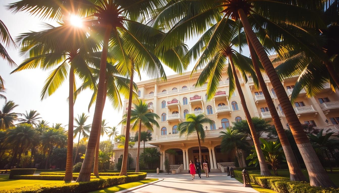 An elegant, luxurious hotel facade set against a vibrant tropical backdrop in Thailand. Towering palm trees sway in the gentle breeze, framing a grand, colonial-style building with ornate balconies and intricate carvings. Lush, manicured gardens lead up to the entrance, inviting visitors to explore the high-end accommodations within. The scene is bathed in warm, golden sunlight, creating a serene and inviting atmosphere. In the foreground, a group of travelers stroll along the pathway, capturing the essence of a Thai hospitality experience. The overall composition captures the essence of a premium, yet authentic Thai resort destination. An elegant, luxurious hotel facade set against a vibrant tropical backdrop in Thailand. Towering palm trees sway in the gentle breeze, framing a grand, colonial-style building with ornate balconies and intricate carvings. Lush, manicured gardens lead up to the entrance, inviting visitors to explore the high-end accommodations within. The scene is bathed in warm, golden sunlight, creating a serene and inviting atmosphere. In the foreground, a group of travelers stroll along the pathway, capturing the essence of a Thai hospitality experience. The overall composition captures the essence of a premium, yet authentic Thai resort destination.