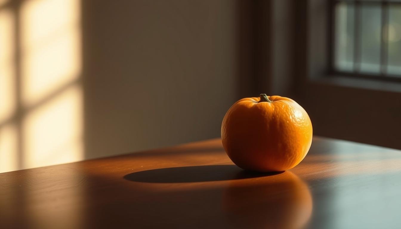 An elegant, minimalist still life depicting the essence of "歲寒之德". A single ripe, deep-orange mandarin orange sits atop a polished wood surface, casting a soft, warm glow. The surrounding space is shrouded in shadows, emphasizing the fruit's solitary presence and timeless, tranquil beauty. Gentle side lighting accentuates the fruit's smooth, glossy skin and spherical form, evoking a sense of serenity and enduring character. The composition is balanced, with the mandarin placed off-center to create visual interest. An atmosphere of contemplative simplicity and refined, understated sophistication pervades the scene, reflecting the profound cultural meaning behind "歲寒之德".