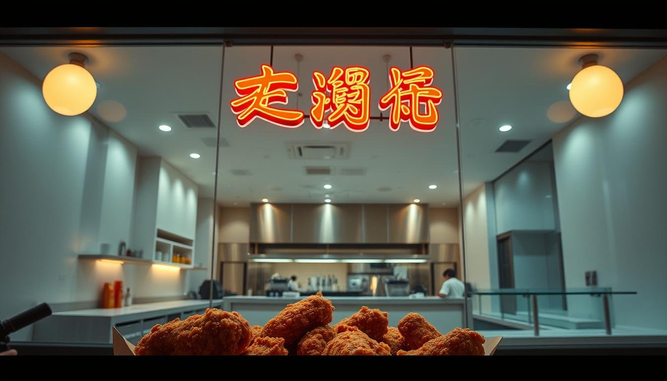 An elegant storefront illuminated by soft, warm lighting, showcasing the neon sign "谷樂比炸雞 chicken (翔伶商行)". The interior is visible through large glass windows, revealing a clean, modern space with sleek countertops and an open kitchen. A mouthwatering display of freshly fried chicken takes center stage, glistening with a crispy golden-brown crust. The scene evokes a sense of inviting comfort and high-quality craftsmanship, reflecting the brand's commitment to delicious, authentic Taiwanese-style fried chicken.