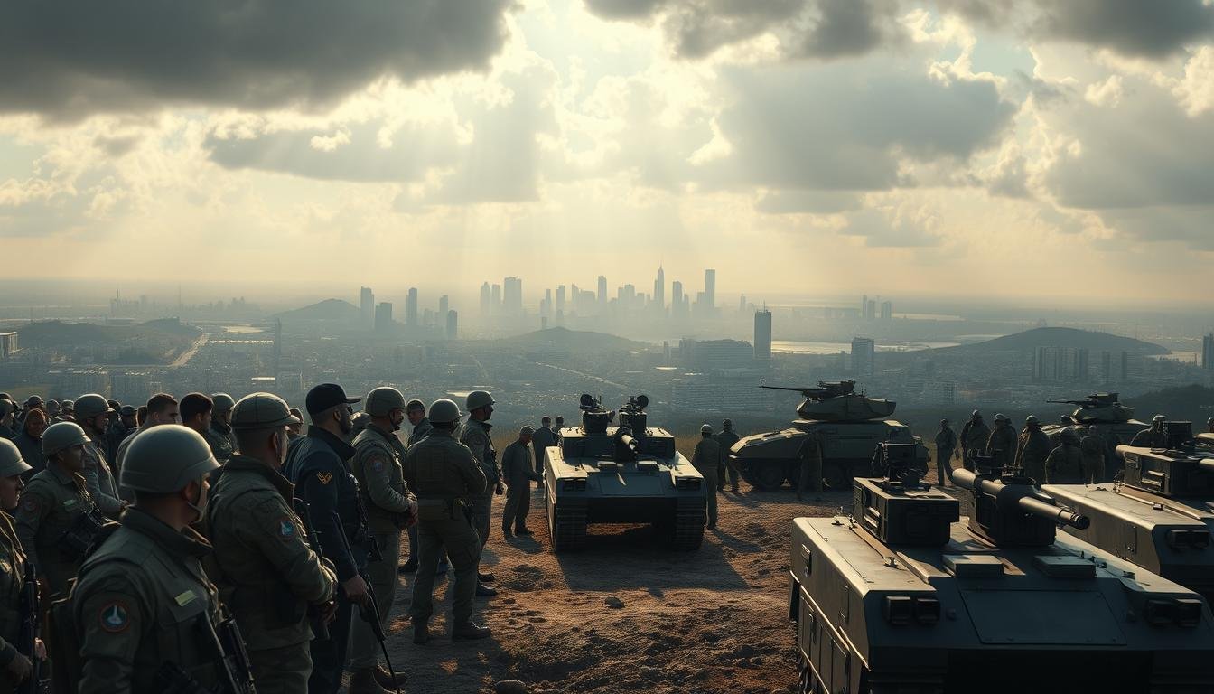 An epic scene of international involvement and cross-national military operations unfolds. In the foreground, a diverse array of uniformed personnel from various nations strategize and coordinate their actions, their expressions focused and determined. In the middle ground, armored vehicles and heavy weaponry stand ready, their sleek silhouettes casting long shadows across the terrain. In the background, a sprawling cityscape rises, its modern architecture juxtaposed against a cloud-streaked sky, suggesting the global scale and complex geopolitical backdrop of the events unfolding. The lighting is dramatic, with rays of sunlight piercing through the clouds and illuminating the strategic hub of this multinational military operation. The overall tone conveys a sense of high-stakes tension and the gravity of the situation, reflecting the weight of the decisions made and actions taken.