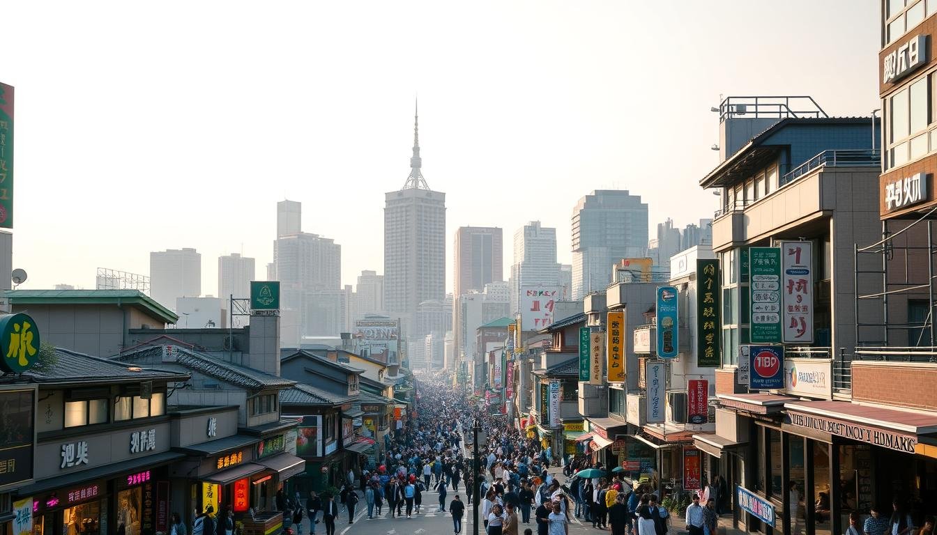 An expansive cityscape of Myeongdong, the vibrant shopping, dining, and fashion district of Seoul, South Korea. In the foreground, a bustling street lined with quaint storefronts, neon signs, and crowded sidewalks filled with locals and tourists alike. In the middle ground, high-rise buildings and modern skyscrapers rise up, interspersed with traditional Korean architecture. The background is a hazy, dreamlike skyline, bathed in warm golden-hour light. The scene radiates an intoxicating mix of energy, style, and cultural fusion, capturing the essence of Myeongdong as a premier shopping, dining, and fashion destination. An expansive cityscape of Myeongdong, the vibrant shopping, dining, and fashion district of Seoul, South Korea. In the foreground, a bustling street lined with quaint storefronts, neon signs, and crowded sidewalks filled with locals and tourists alike. In the middle ground, high-rise buildings and modern skyscrapers rise up, interspersed with traditional Korean architecture. The background is a hazy, dreamlike skyline, bathed in warm golden-hour light. The scene radiates an intoxicating mix of energy, style, and cultural fusion, capturing the essence of Myeongdong as a premier shopping, dining, and fashion destination.