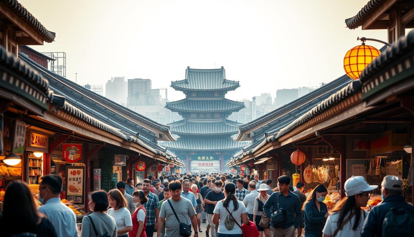 An expansive street market bustling with life, Gwangjang Market showcases the vibrant culinary and shopping experiences of Seoul. Rows of colorful stalls offer an array of traditional Korean delicacies, from steaming hotteok pancakes to sizzling Korean-style fried chicken. In the foreground, patrons navigate the lively crowds, sampling local fare and browsing handcrafted wares. The middle ground reveals the market's iconic architecture, with its ornate rooftops and intricate detailing. In the distance, the background frames the scene with a warm, golden-hued natural lighting that infuses the atmosphere with a cozy, inviting ambiance. This image captures the essence of Gwangjang Market, a beloved cultural landmark that embodies the rich culinary and shopping traditions of Seoul.
