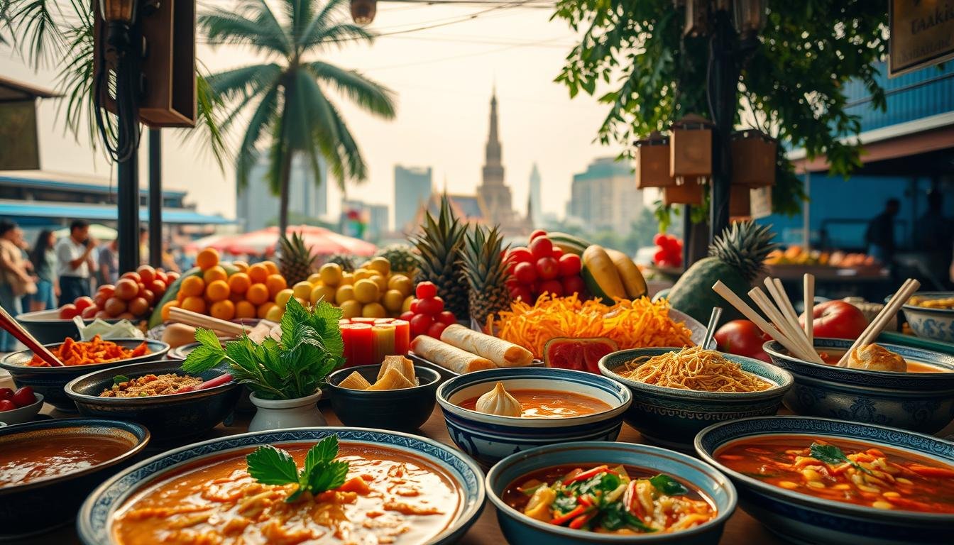 An exquisite spread of Thailand's culinary delights, captured in vivid detail. In the foreground, a vibrant array of authentic Thai dishes - fragrant curries, delicate spring rolls, and tantalizing noodle bowls. The middle ground showcases the vibrant colors and textures of fresh tropical fruits, while the background features the iconic landmarks of Bangkok, bathed in warm, golden light. The scene evokes the sights, smells, and flavors of a bustling Thai market, inviting the viewer to embark on a sensory journey through the country's rich and diverse cuisine. An exquisite spread of Thailand's culinary delights, captured in vivid detail. In the foreground, a vibrant array of authentic Thai dishes - fragrant curries, delicate spring rolls, and tantalizing noodle bowls. The middle ground showcases the vibrant colors and textures of fresh tropical fruits, while the background features the iconic landmarks of Bangkok, bathed in warm, golden light. The scene evokes the sights, smells, and flavors of a bustling Thai market, inviting the viewer to embark on a sensory journey through the country's rich and diverse cuisine.