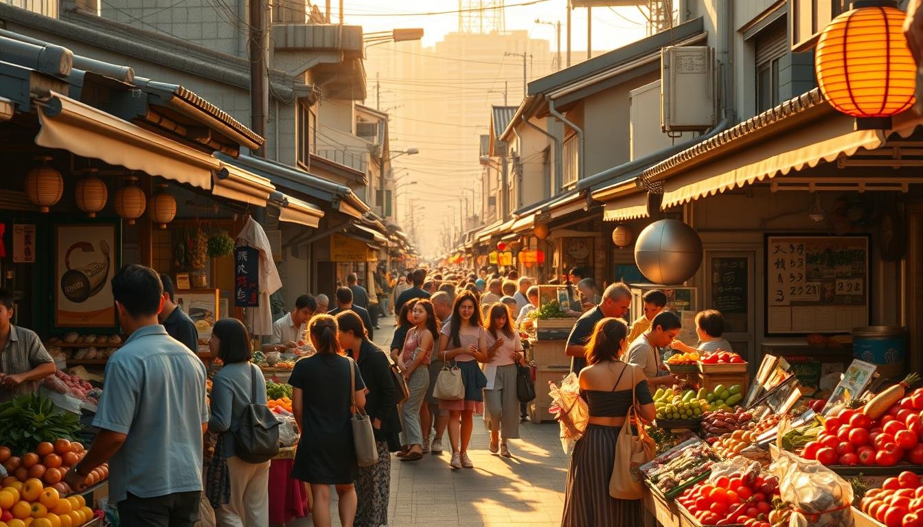 An idyllic Tokyo street market scene, bathed in warm, golden afternoon light. In the foreground, an abundance of vibrant produce and artisanal wares fill colorful stalls, tended by friendly local vendors. The middle ground bustles with a diverse crowd of shoppers browsing the eclectic selection, their excited chatter mingling with the sizzle of food stalls. In the background, traditional Japanese architectural details - tiled roofs, paper lanterns, and ornate facades - create a timeless, immersive atmosphere. The overall mood is one of joyful discovery, cultural richness, and a celebration of the local community. An idyllic Tokyo street market scene, bathed in warm, golden afternoon light. In the foreground, an abundance of vibrant produce and artisanal wares fill colorful stalls, tended by friendly local vendors. The middle ground bustles with a diverse crowd of shoppers browsing the eclectic selection, their excited chatter mingling with the sizzle of food stalls. In the background, traditional Japanese architectural details - tiled roofs, paper lanterns, and ornate facades - create a timeless, immersive atmosphere. The overall mood is one of joyful discovery, cultural richness, and a celebration of the local community.