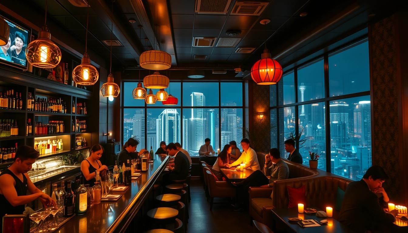 An intimate interior of a vibrant Hong Kong bar, with a mix of modern and vintage elements. The foreground features a well-stocked bar counter, bartenders expertly mixing cocktails, and patrons enjoying drinks and conversation in a lively, dimly lit atmosphere. The middle ground showcases cozy seating areas, with warm lighting from pendant lamps and candles creating a cozy, atmospheric ambiance. The background reveals glimpses of the city outside through large windows, hinting at the bustling nightlife of Hong Kong. The scene evokes a sense of local character, hospitality, and the allure of Hong Kong's renowned bar culture. An intimate interior of a vibrant Hong Kong bar, with a mix of modern and vintage elements. The foreground features a well-stocked bar counter, bartenders expertly mixing cocktails, and patrons enjoying drinks and conversation in a lively, dimly lit atmosphere. The middle ground showcases cozy seating areas, with warm lighting from pendant lamps and candles creating a cozy, atmospheric ambiance. The background reveals glimpses of the city outside through large windows, hinting at the bustling nightlife of Hong Kong. The scene evokes a sense of local character, hospitality, and the allure of Hong Kong's renowned bar culture.