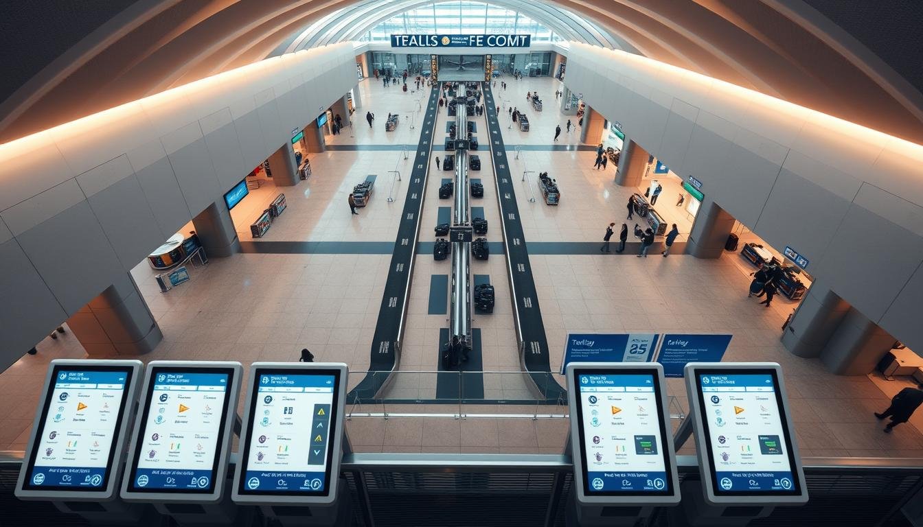 An overhead view of a sleek and modern airport terminal, illuminated by soft, natural lighting. In the foreground, a series of interactive kiosks display the step-by-step process of online check-in, with intuitive icons and user-friendly interfaces. The middle ground features a well-organized baggage claim area, with clearly demarcated zones and signage outlining the airline-specific luggage regulations. The background showcases the departure lounge, where travelers enjoy the amenities and prepare for their flights, all within a serene and streamlined atmosphere that evokes efficiency and a seamless travel experience.