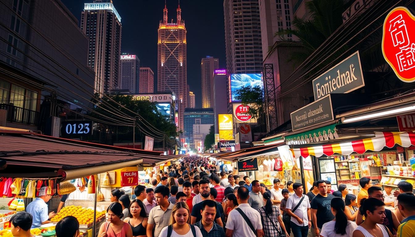 Bustling night market in Bangkok, brimming with vibrant stalls and lively street vendors. Warm, golden lighting illuminates the crowd as they peruse handcrafted wares, savory street food, and lively entertainment. In the background, towering high-rises and neon signs create an energetic urban atmosphere. Candid shots of locals and tourists mingling, exploring the vibrant nightlife and cultural offerings. A wide-angle lens captures the dynamic, immersive scene, showcasing the sights, sounds, and energy of Bangkok's captivating night market experience. Bustling night market in Bangkok, brimming with vibrant stalls and lively street vendors. Warm, golden lighting illuminates the crowd as they peruse handcrafted wares, savory street food, and lively entertainment. In the background, towering high-rises and neon signs create an energetic urban atmosphere. Candid shots of locals and tourists mingling, exploring the vibrant nightlife and cultural offerings. A wide-angle lens captures the dynamic, immersive scene, showcasing the sights, sounds, and energy of Bangkok's captivating night market experience.