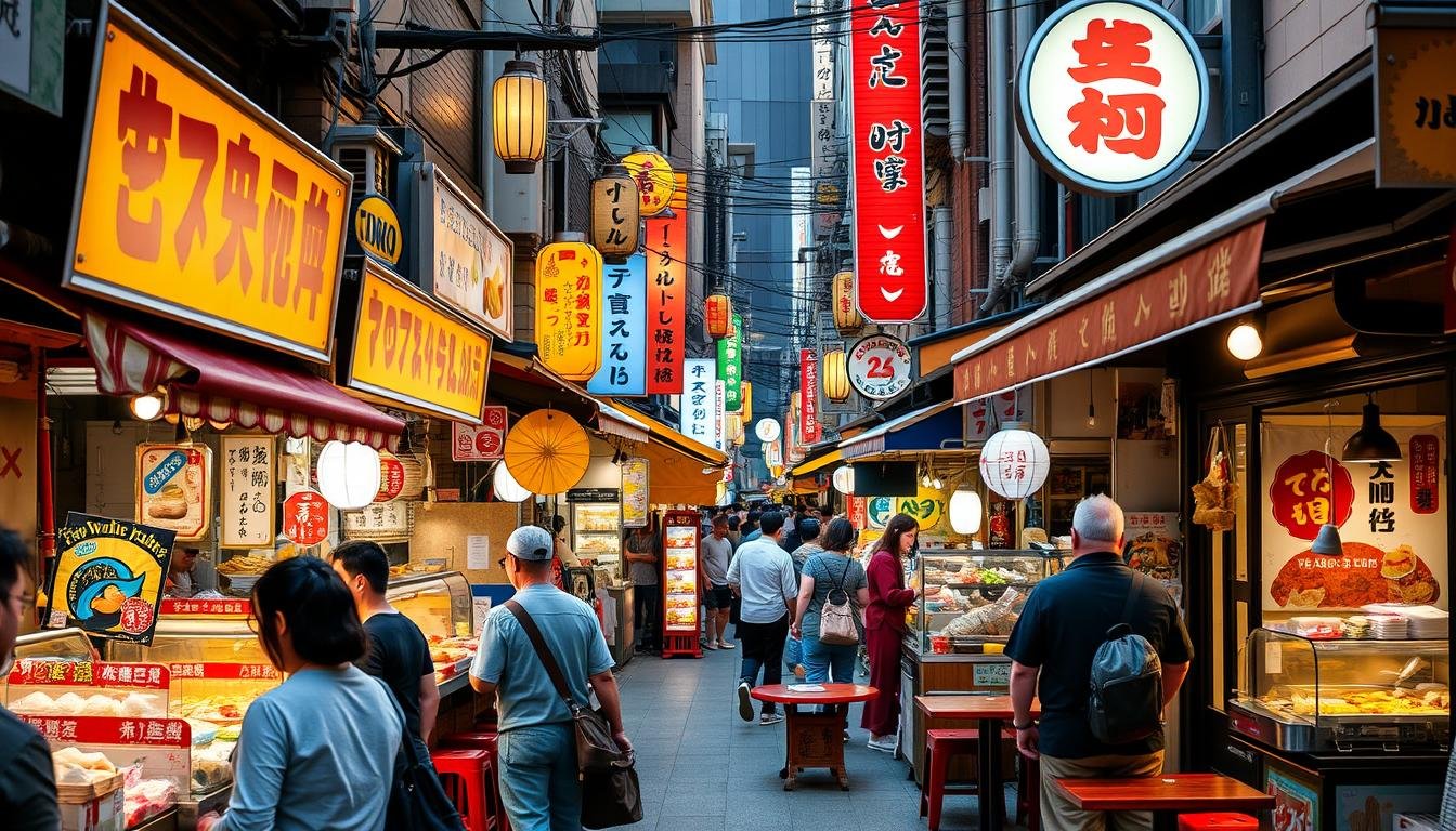 Bustling street vendors serving up delectable local delights, nestled amidst the charming chaos of Tokyo's Tōshin Flea Market. Savory aromas drift through the air, enticing passersby to explore an array of sizzling yakisoba, fragrant yakitori, and steaming ramen. Colorful stalls offer handcrafted bites, from fluffy taiyaki fish-shaped pastries to artisanal mochi. Intimate izakaya pubs beckon with warm, inviting atmospheres, their lanterns casting a soft glow over the lively outdoor seating. Capture the vibrant energy and mouthwatering delights that make this bustling market district a must-visit culinary destination.