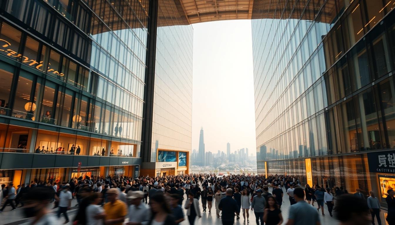 Centum City 商場, a sprawling retail haven in Busan, South Korea, rises majestically before us. The vast, glass-encased structure stands tall, its sleek, modern design bathed in warm, natural lighting that filters through its expansive windows. The foreground is populated by a bustling crowd of shoppers, their movements captured in a blur, creating a sense of energy and vitality. In the middle ground, we see the intricate architectural details of the mall's interior, with its clean lines, geometric patterns, and meticulously curated retail spaces. The background is dominated by a panoramic view of the city, its skyscrapers and landmarks visible in the distance, creating a stunning backdrop for this shopper's paradise.