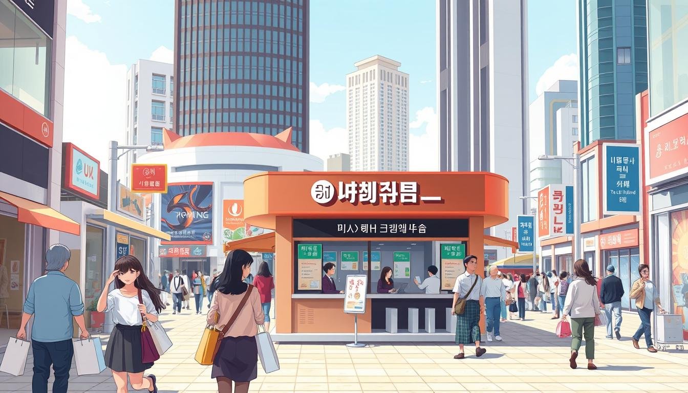 Detailed illustration of "釜山購物退稅技巧", showcasing a modern city shopping district with a focus on the tax refund process. Set in a bright, sunny atmosphere, the image depicts a bustling street scene with retail stores, shoppers, and a prominent tax refund booth. Foreground features people in traditional Korean attire carrying shopping bags, while the middle ground showcases the tax refund booth with signage and staff assisting customers. The background highlights tall, contemporary buildings, creating a vibrant, cosmopolitan ambiance. The lighting is warm and natural, capturing the energy and excitement of the shopping experience. The composition emphasizes the convenience and efficiency of the tax refund process within the lively urban setting.