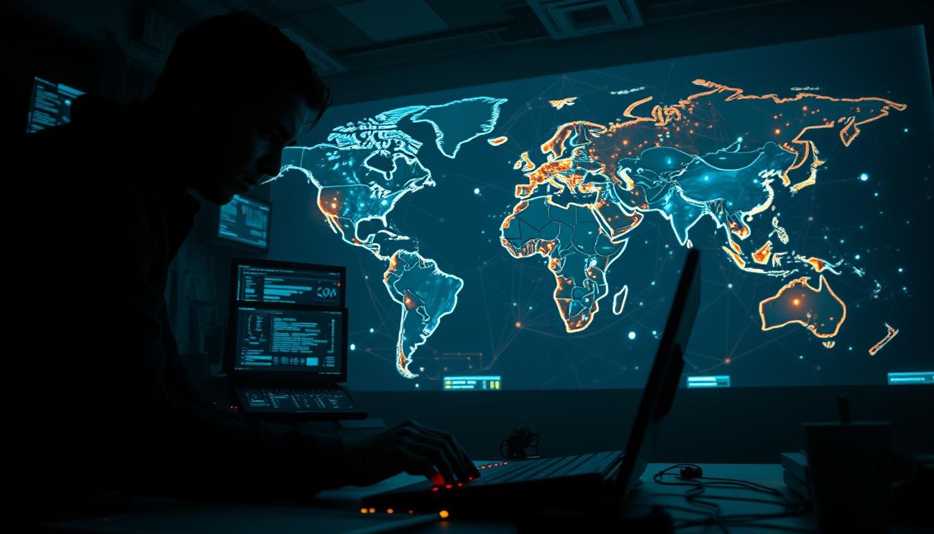 Detailed scene depicting a shadowy figure orchestrating a complex web of global conspiracies. Dimly lit room with flickering screens and holographic displays, showcasing a tangle of interconnected data and information. Sinister-looking individual in the foreground, hunched over a desk, fingers moving rapidly across a keyboard. Behind them, a large world map projected on the wall, with various regions highlighted and connected by glowing lines. Ambient lighting casts an ominous, foreboding atmosphere. High-contrast, cinematic lighting and a wide-angle lens to emphasize the scale and complexity of the scene. Convey a sense of unease and the feeling that unseen forces are at work, manipulating world events from the shadows. Detailed scene depicting a shadowy figure orchestrating a complex web of global conspiracies. Dimly lit room with flickering screens and holographic displays, showcasing a tangle of interconnected data and information. Sinister-looking individual in the foreground, hunched over a desk, fingers moving rapidly across a keyboard. Behind them, a large world map projected on the wall, with various regions highlighted and connected by glowing lines. Ambient lighting casts an ominous, foreboding atmosphere. High-contrast, cinematic lighting and a wide-angle lens to emphasize the scale and complexity of the scene. Convey a sense of unease and the feeling that unseen forces are at work, manipulating world events from the shadows.
