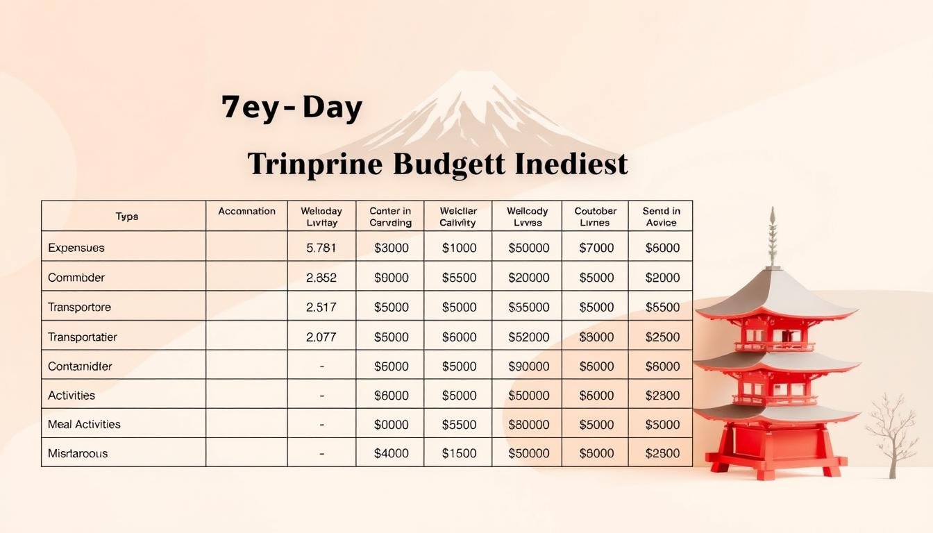 Detailed seven-day Japan travel budget planning. A neatly organized table with itemized expenses for accommodation, transportation, meals, activities, and miscellaneous costs. Warm, neutral tones convey a sense of careful preparation. The layout is clean and visually appealing, with subtle grid lines guiding the viewer's eye. A stylized Japanese landscape in the background, featuring iconic Mount Fuji, cherry blossoms, and a traditional pagoda. Soft, directional lighting casts gentle shadows, creating depth and dimension. The overall mood is one of thoughtful planning and anticipation for an immersive Japanese adventure. Detailed seven-day Japan travel budget planning. A neatly organized table with itemized expenses for accommodation, transportation, meals, activities, and miscellaneous costs. Warm, neutral tones convey a sense of careful preparation. The layout is clean and visually appealing, with subtle grid lines guiding the viewer's eye. A stylized Japanese landscape in the background, featuring iconic Mount Fuji, cherry blossoms, and a traditional pagoda. Soft, directional lighting casts gentle shadows, creating depth and dimension. The overall mood is one of thoughtful planning and anticipation for an immersive Japanese adventure.