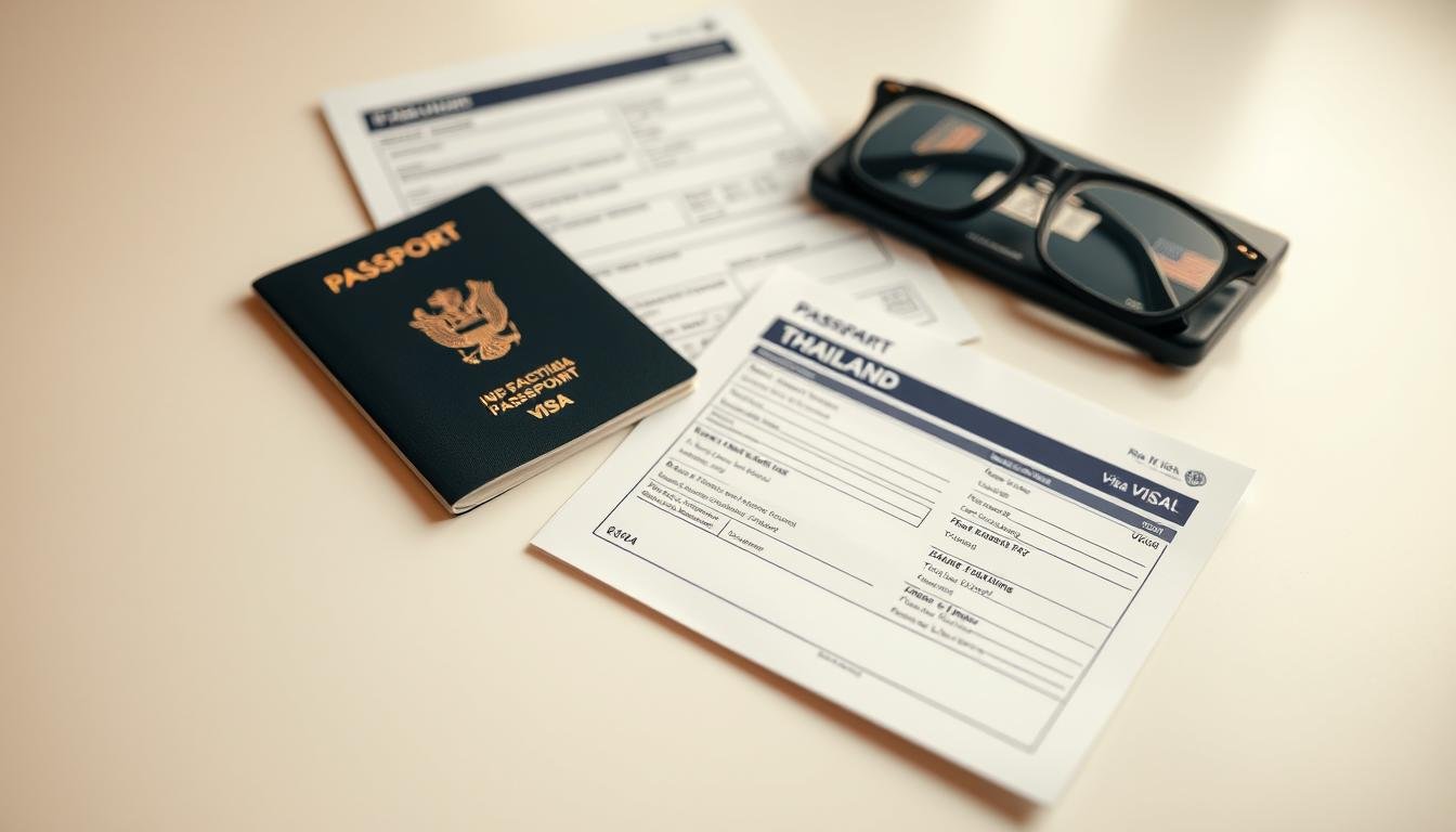 Detailed travel document preparation for entering Thailand. A comprehensive view of the necessary paperwork, including passport, visa, and arrival forms. Soft focus and warm lighting highlight the carefully organized travel documents on a clean, neutral surface. The composition emphasizes the importance and attention to detail required for a smooth Thai entry process. Minimal yet informative, conveying the preparation and organization needed for a successful trip. Detailed travel document preparation for entering Thailand. A comprehensive view of the necessary paperwork, including passport, visa, and arrival forms. Soft focus and warm lighting highlight the carefully organized travel documents on a clean, neutral surface. The composition emphasizes the importance and attention to detail required for a smooth Thai entry process. Minimal yet informative, conveying the preparation and organization needed for a successful trip.